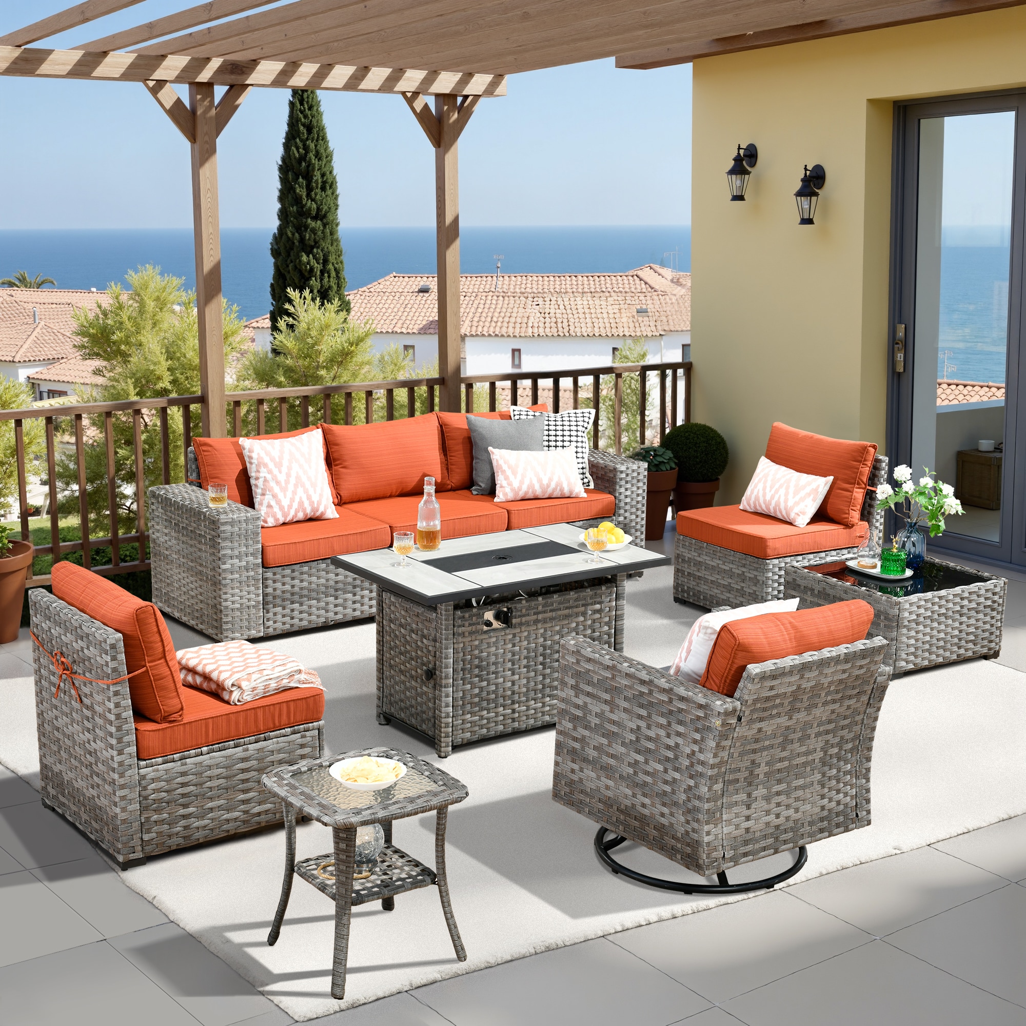Pouuin SRFPBBR809 5 -Piece Wicker Patio Sofa Conversation Set with Orange Cushions