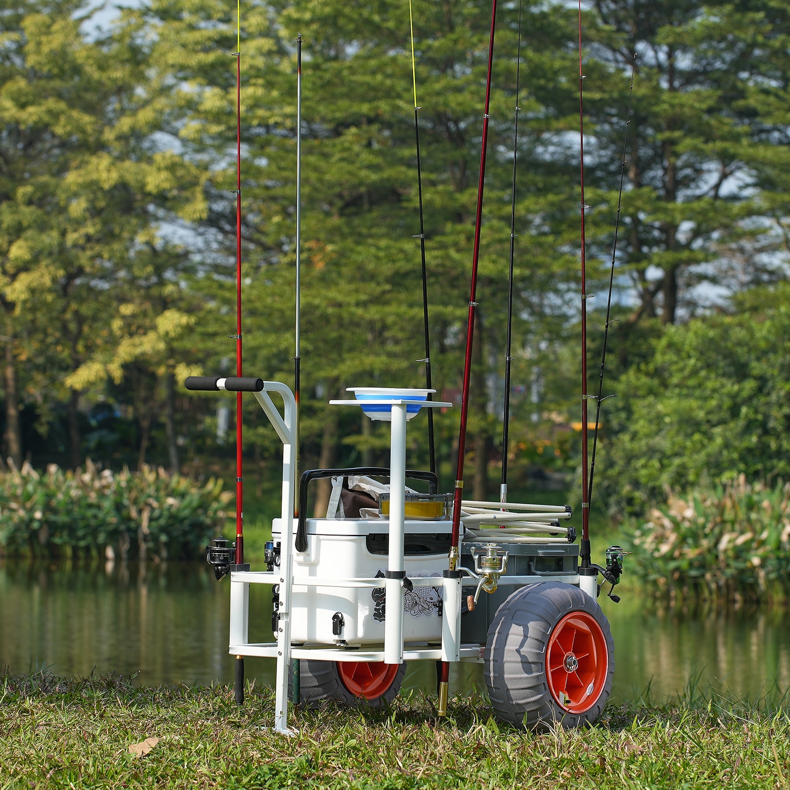Heavy-Duty White Aluminum Beach Fishing Cart with Balloon Tires