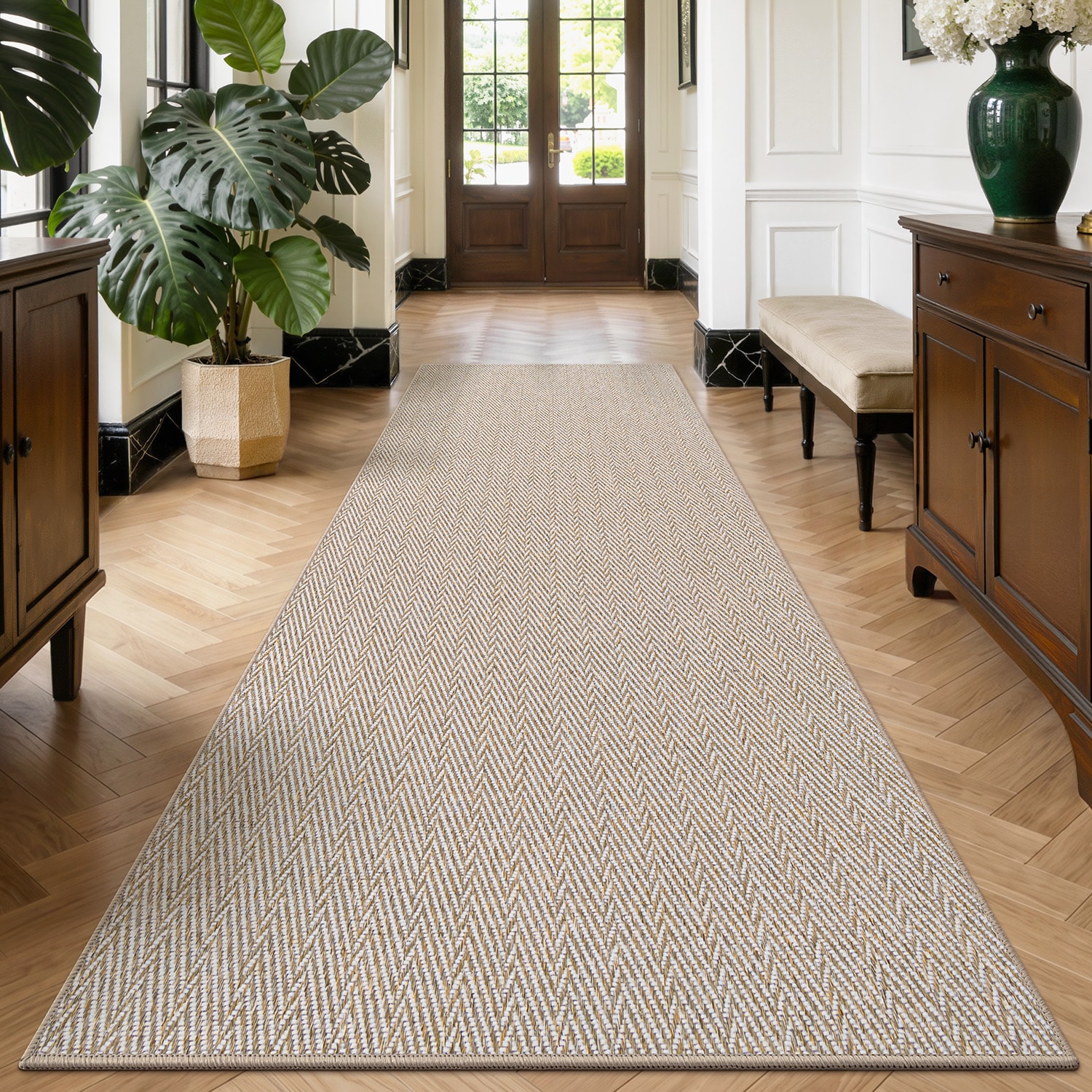LUMI Ultra Thin Indoor Door Mat for Entrance 32in x 96in Non Slip Entryway Mat Low Profile Doormat Unique Herringbone Design Beige Carpet
