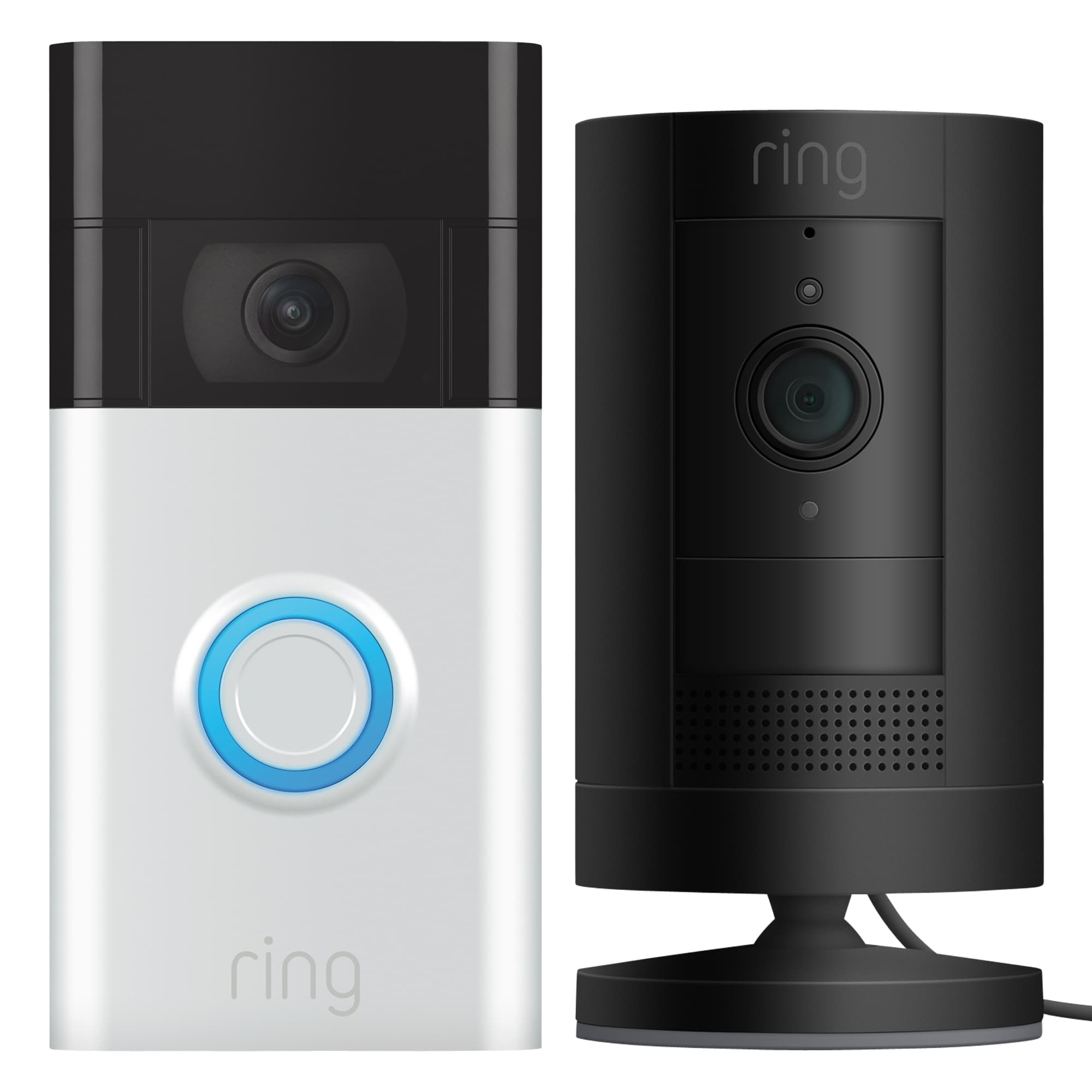 Ring Video Doorbell - Satin Nickel + Stick Up Camera Plug-in - Black Bundle