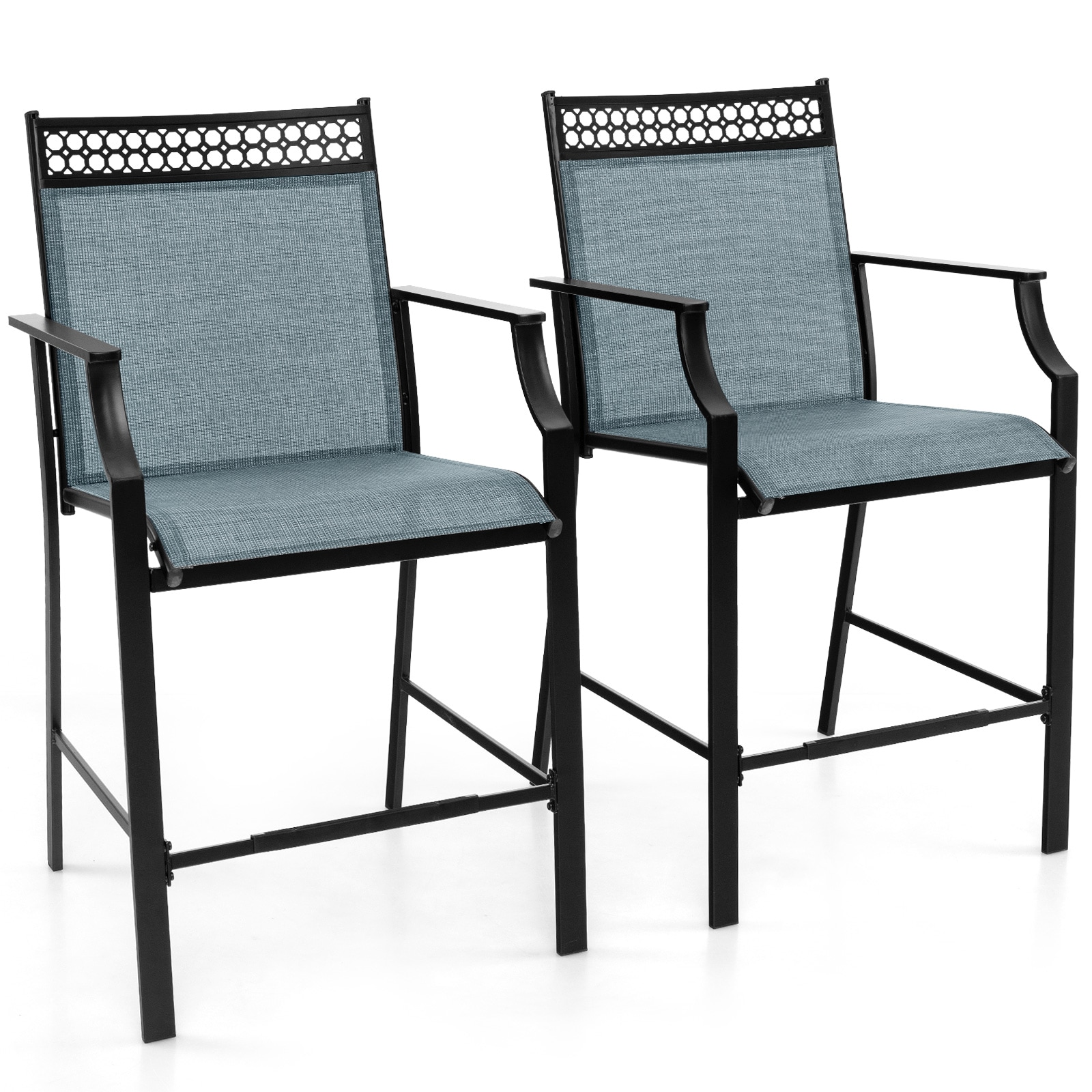 Slickblue Set of 2 Metal -Counter Bar Stool 25 Inch H Fabric Seat with Armrests and Back For Patio Balcony Garden Cafe - Blue/ Coffee/ Red