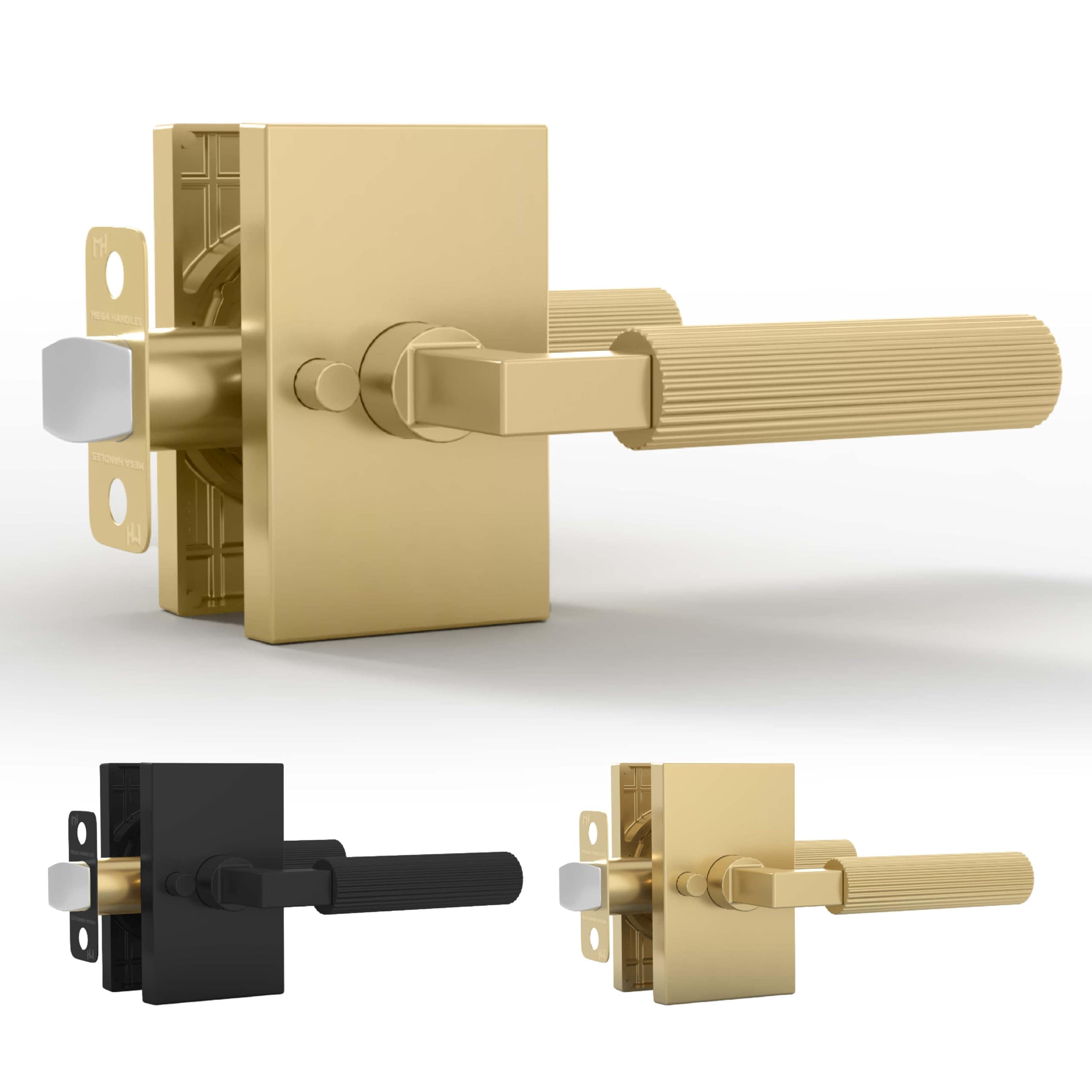 Mega Handles  Ridge Privacy Door Handle - 1 Pack Interior Reversible Gold Door Handle - Heavy Duty Bed and Bath Door Handles With Privacy Door Lock - Fits All Standard Doors - Satin Brass
