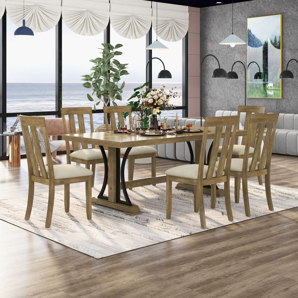 JASMODER ST000072AAD Natural Walnut Contemporary/Modern Dining Room Set with Rectangular Table (Seats 6)