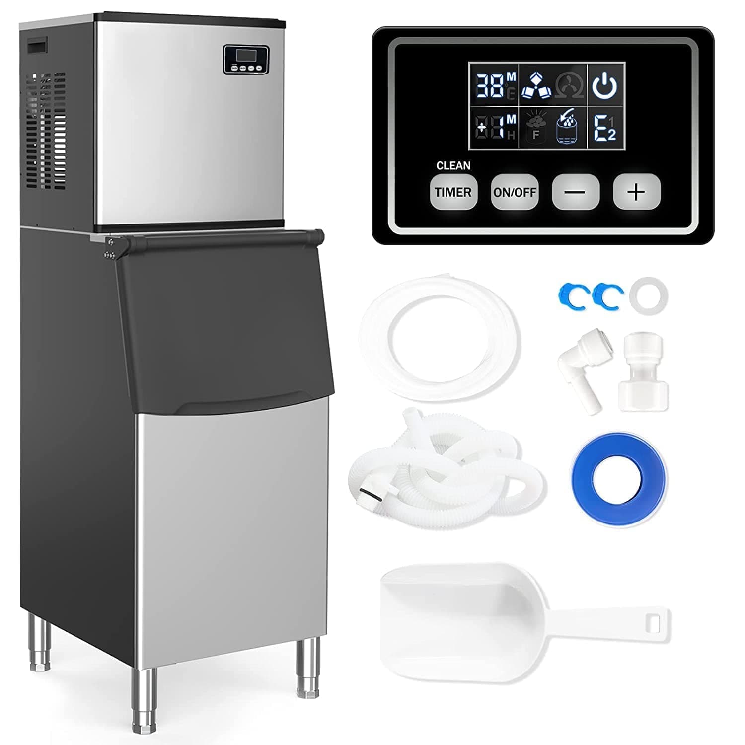 Qeetex LHF-DYQ-PHO-0X7RLMBW Commercial Ice Maker Industrial Ice Machine 400LBS/24H 300LBS Storage LCD Panel SECOP Compressor ETL Approved
