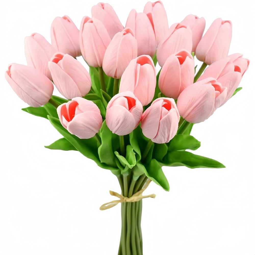 Numhew Artificial Tulips 13.5 Inch 20 Stems PU Faux Light Pink Tulip Stems