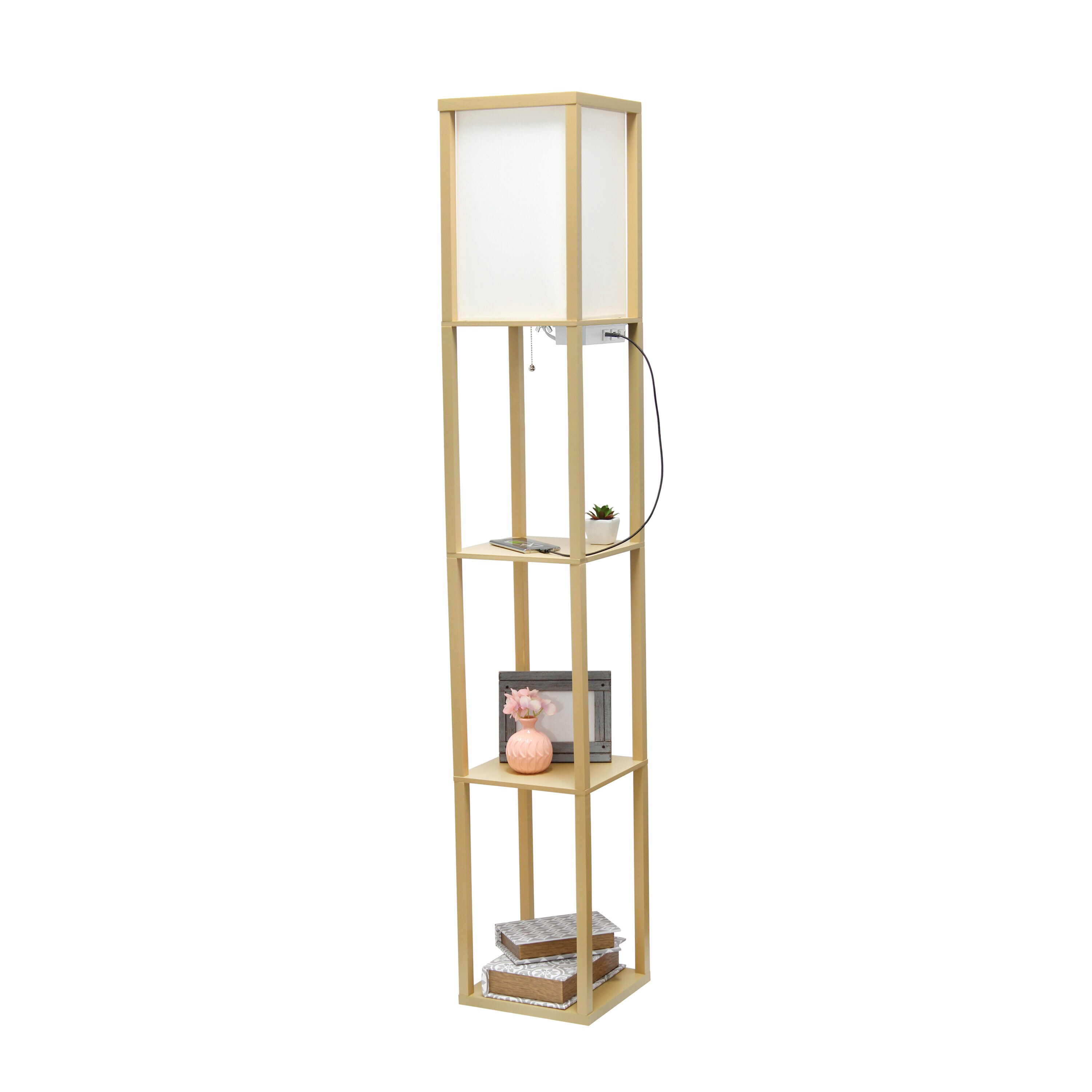 Tan Wood Floor Lamp with Shelves and Linen Shade