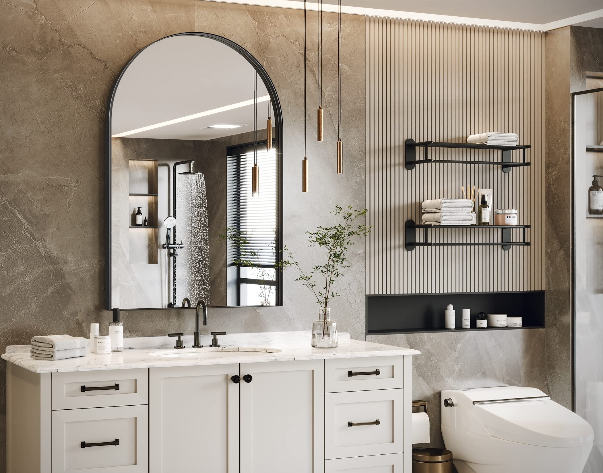 Aoibox  24 in W x 36 in H Black Arched Decorative Wall Mirror with Seamless Metal Frame for Bathroom