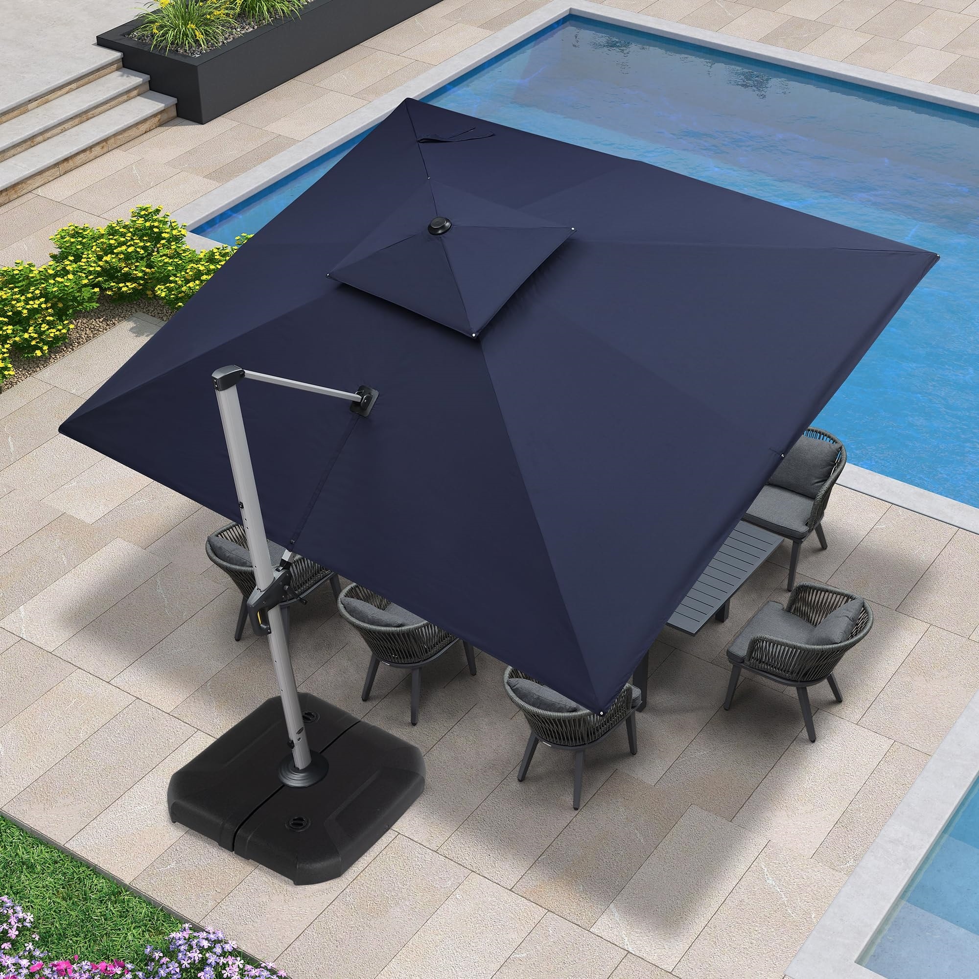 PURPLE LEAF - 12-ft Aluminum Navy Crank Cantilever Patio Umbrella with Base