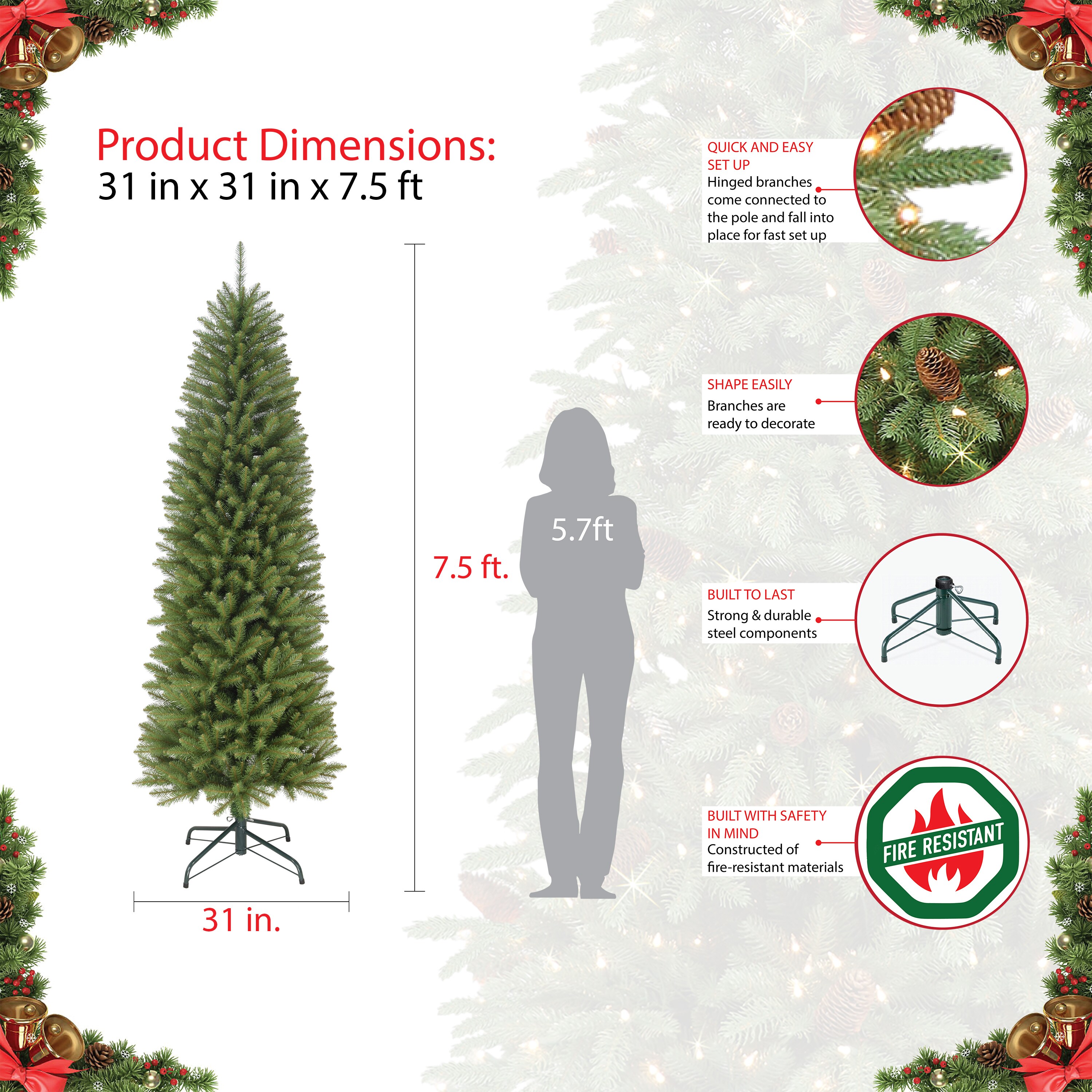 Puleo International 7.5-ft Fraser Fir Pencil Artificial Christmas Tree ...