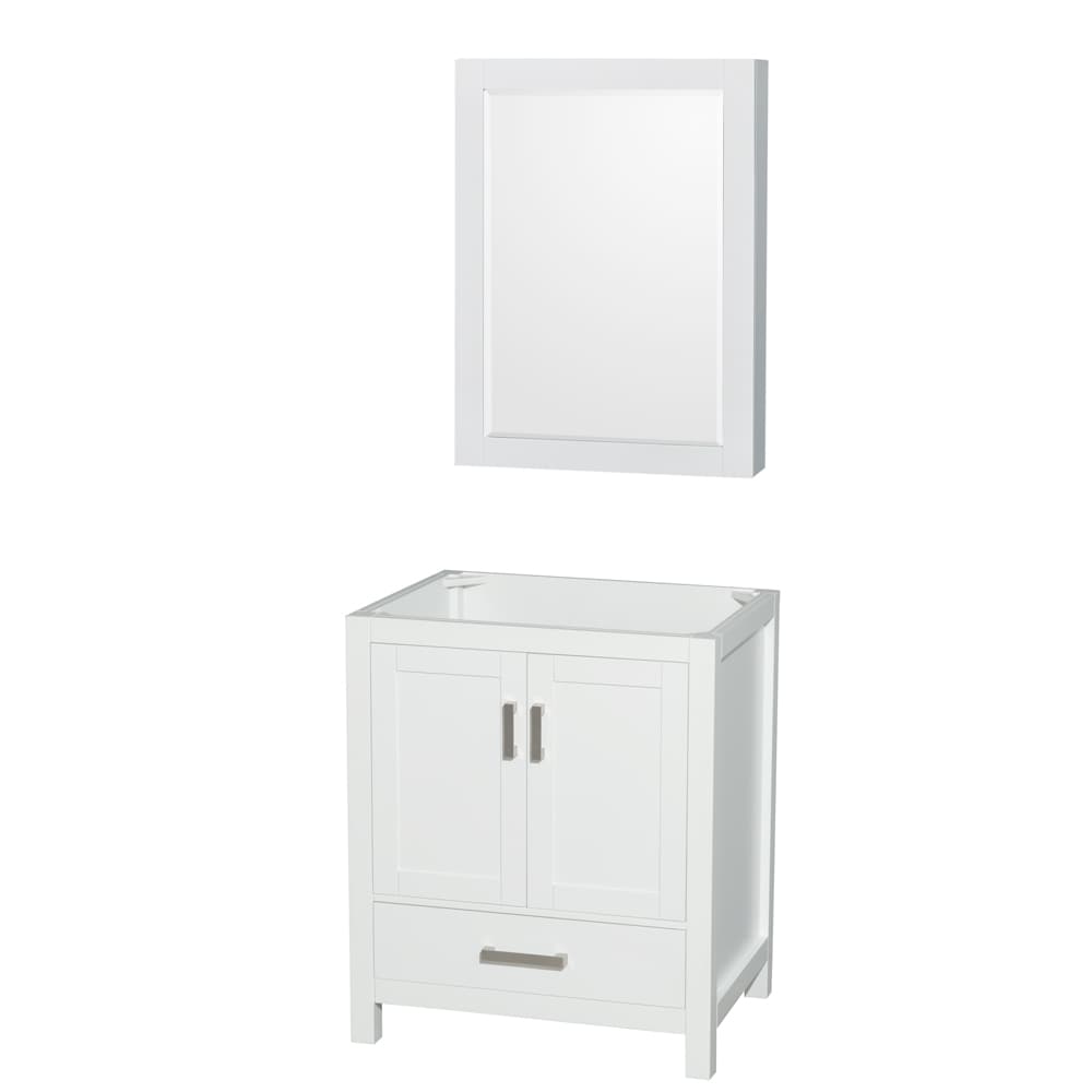 Wyndham Collection WCS141430SWHCXSXXMED Sheffield 30-in White with Brushed Chrome Trim Bathroom Vanity Base Cabinet without Top (Mirror Included) (Medicine Cabinet Included)