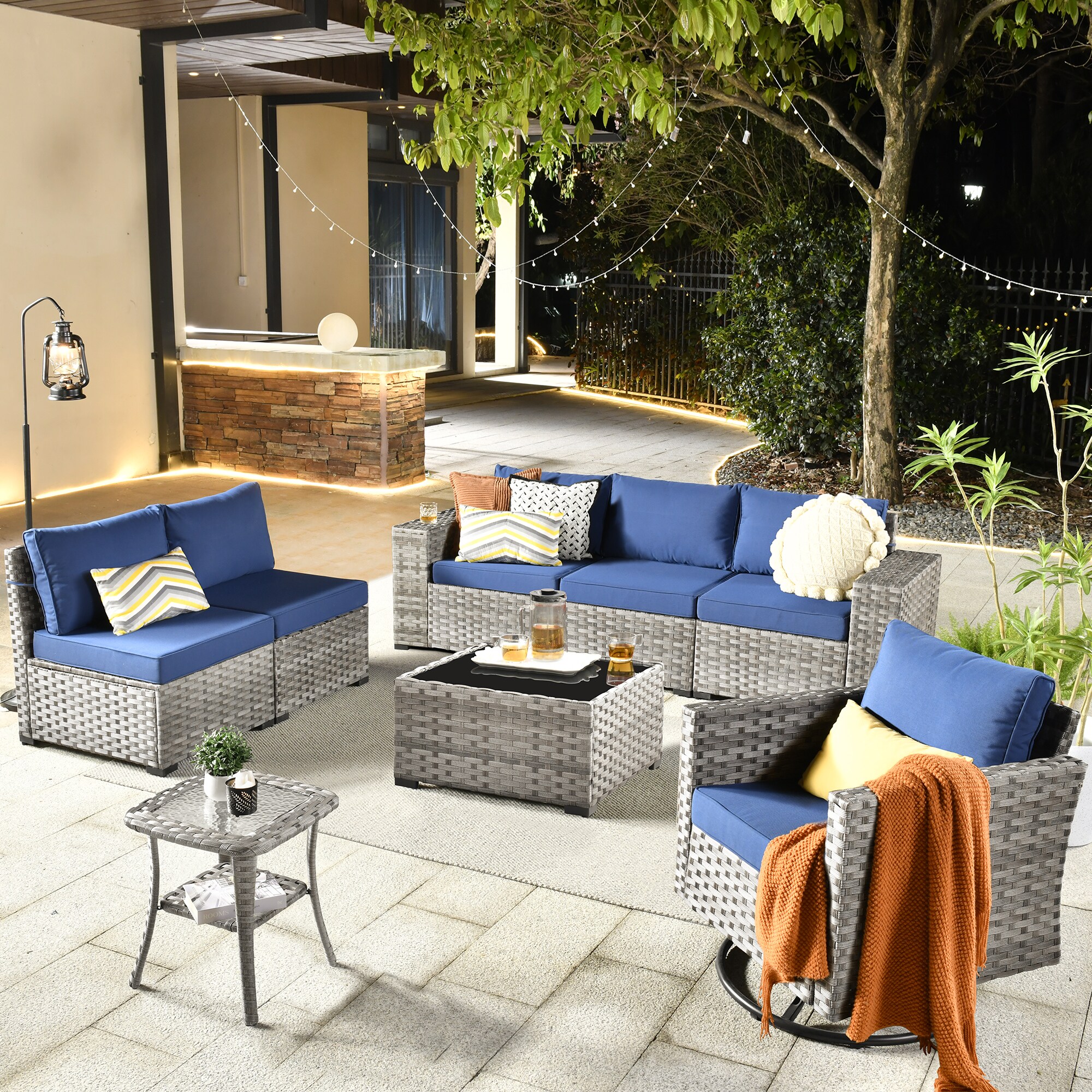 Ovios Shine Wicker Outdoor Sectional With Blue Cushion(s) And Iron 