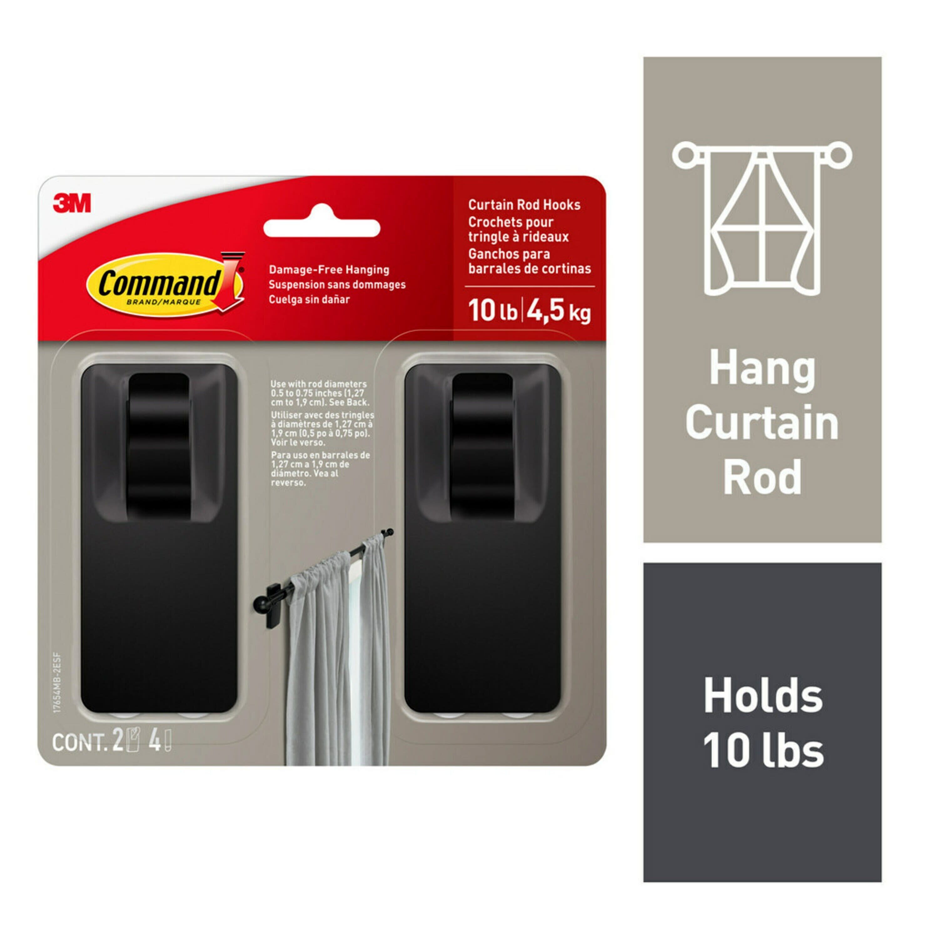  Command Matte Black Curtain Rod Hooks with Command Strips, Hang Curtain  Rods No Drilling, Holds up to 10 lbs : Home & Kitchen