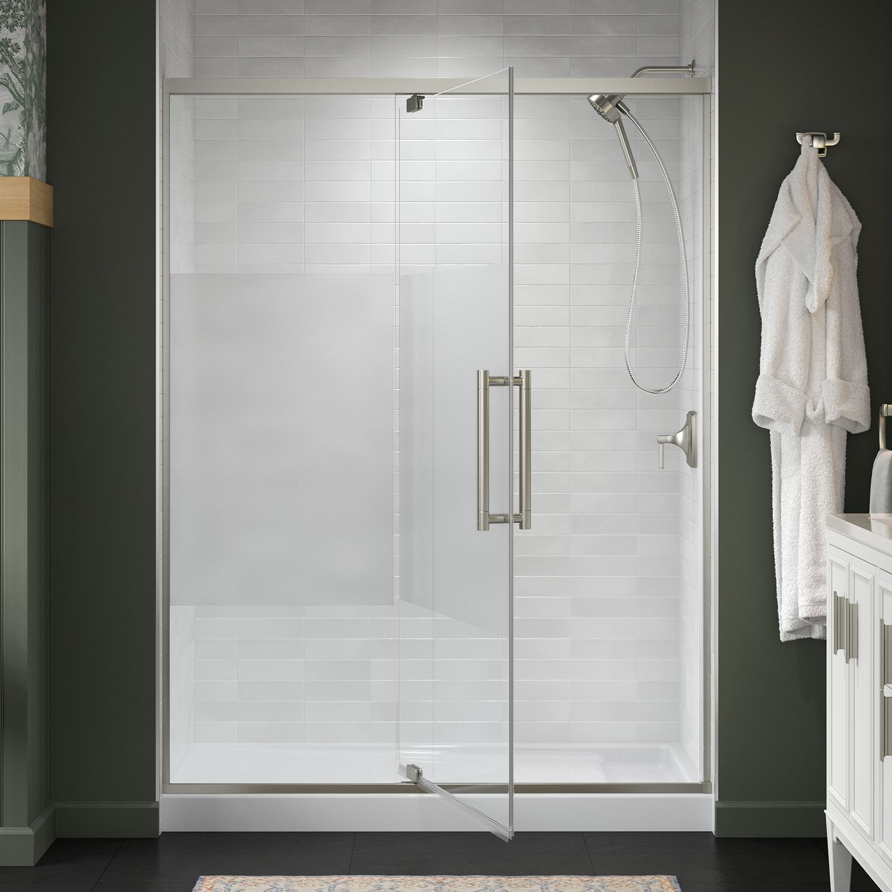 KOHLER 702477-8G81-BNK Premise Anodized Brushed Nickel 55-5/8-in to 59-5/8-in W x 76.06-in H Frameless Pivot Soft Close Shower Door 5/16-in Thick Clear Glass
