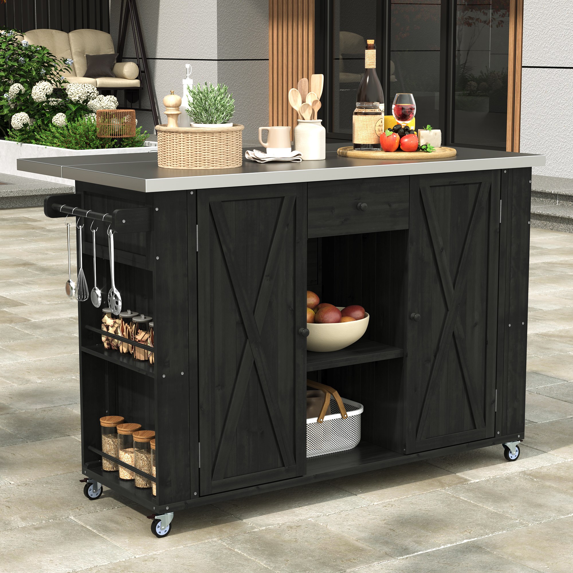 Dexmalle N719P246553B Black Outdoor Kitchen Island Fir Wood with Stainless Steel Top