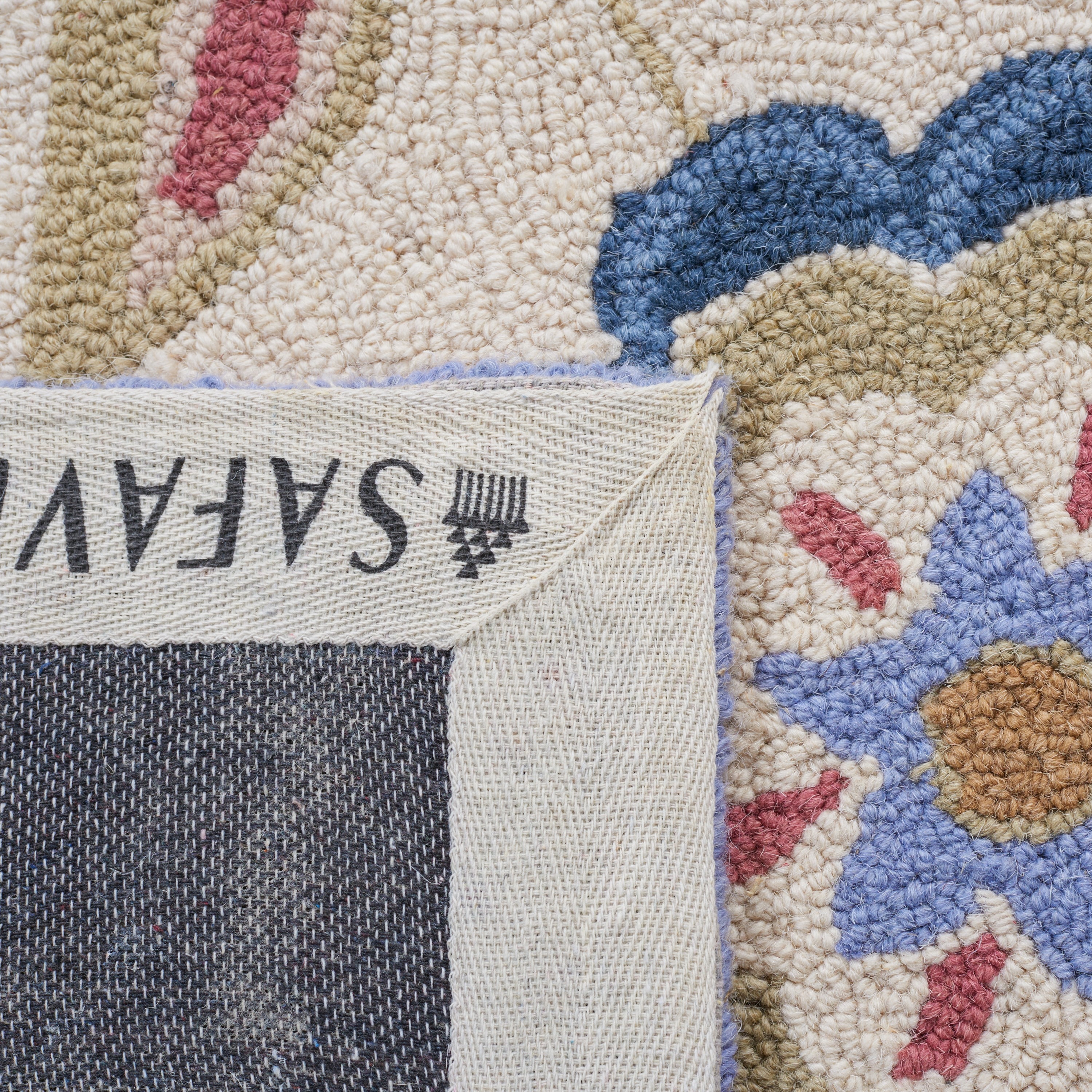 Ivory and Blue Floral Hand-Hooked Wool Circle Area Rug