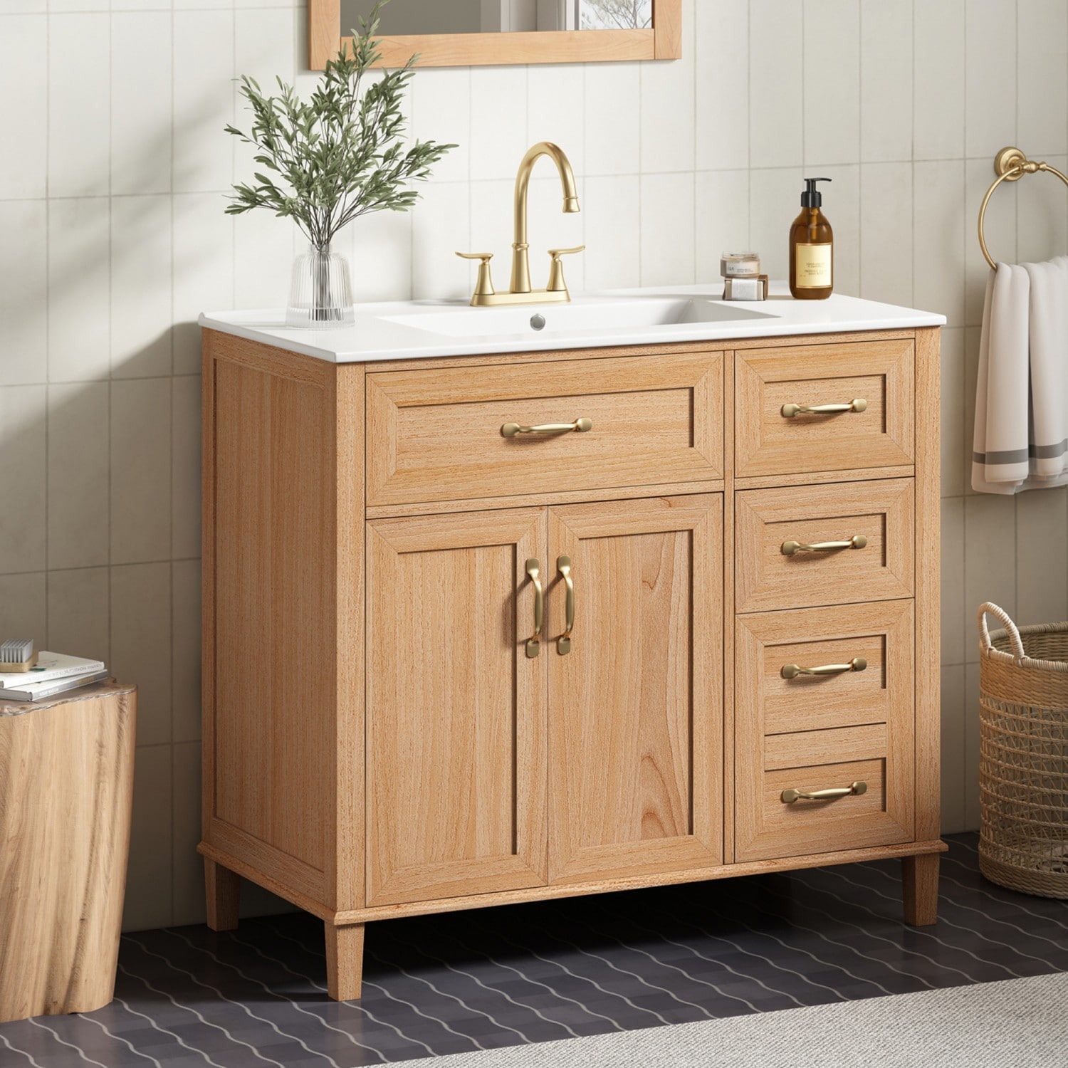 Dexmalle  36-in Natural Modern Freestanding Single Sink Bathroom Vanity with White Ceramic Sink