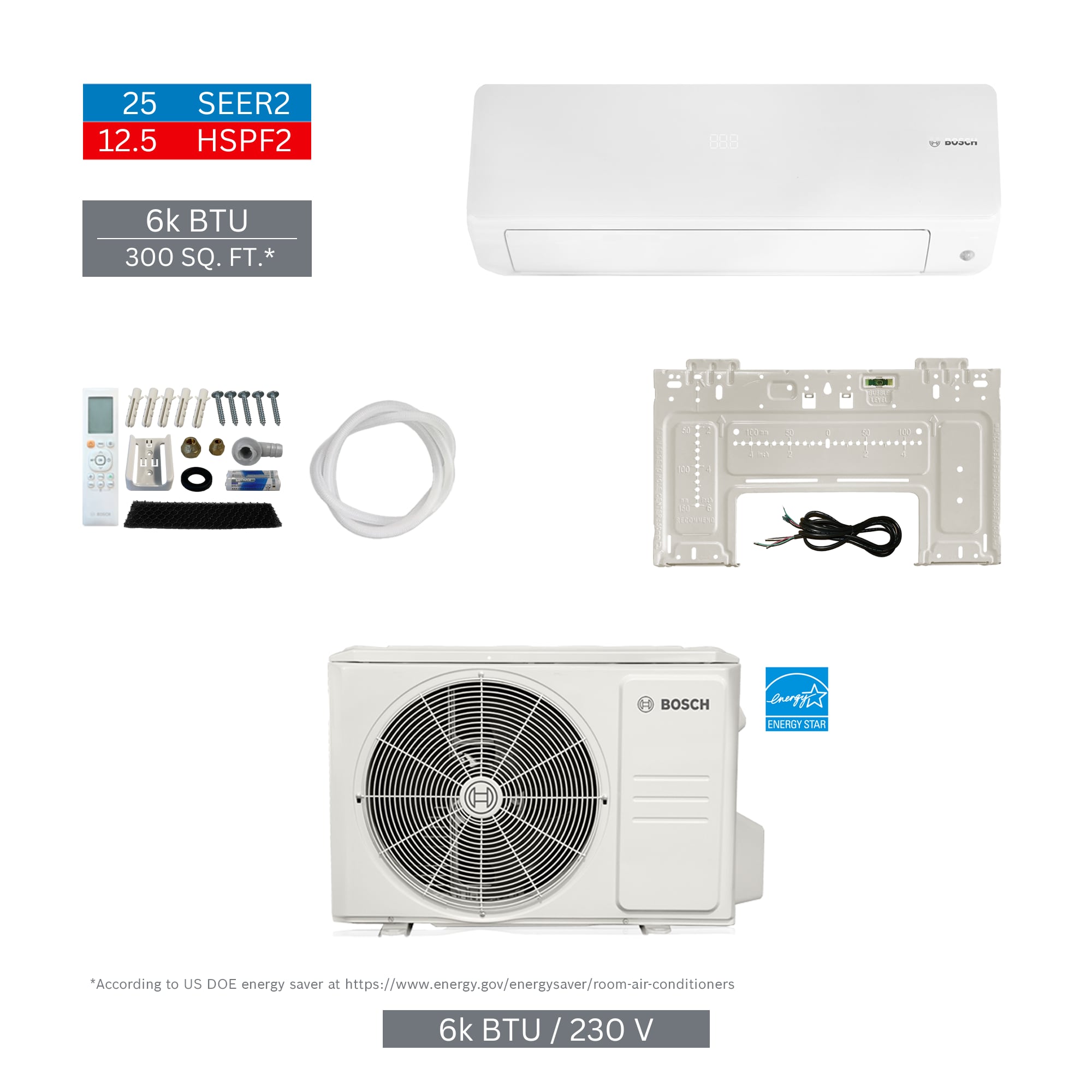 Bosch 8733980457 Climate 5000 Pro Pack Single Zone 6000-BTU 25 SEER Ductless Mini Split Air Conditioner Heat Pump Included with 230-Volt