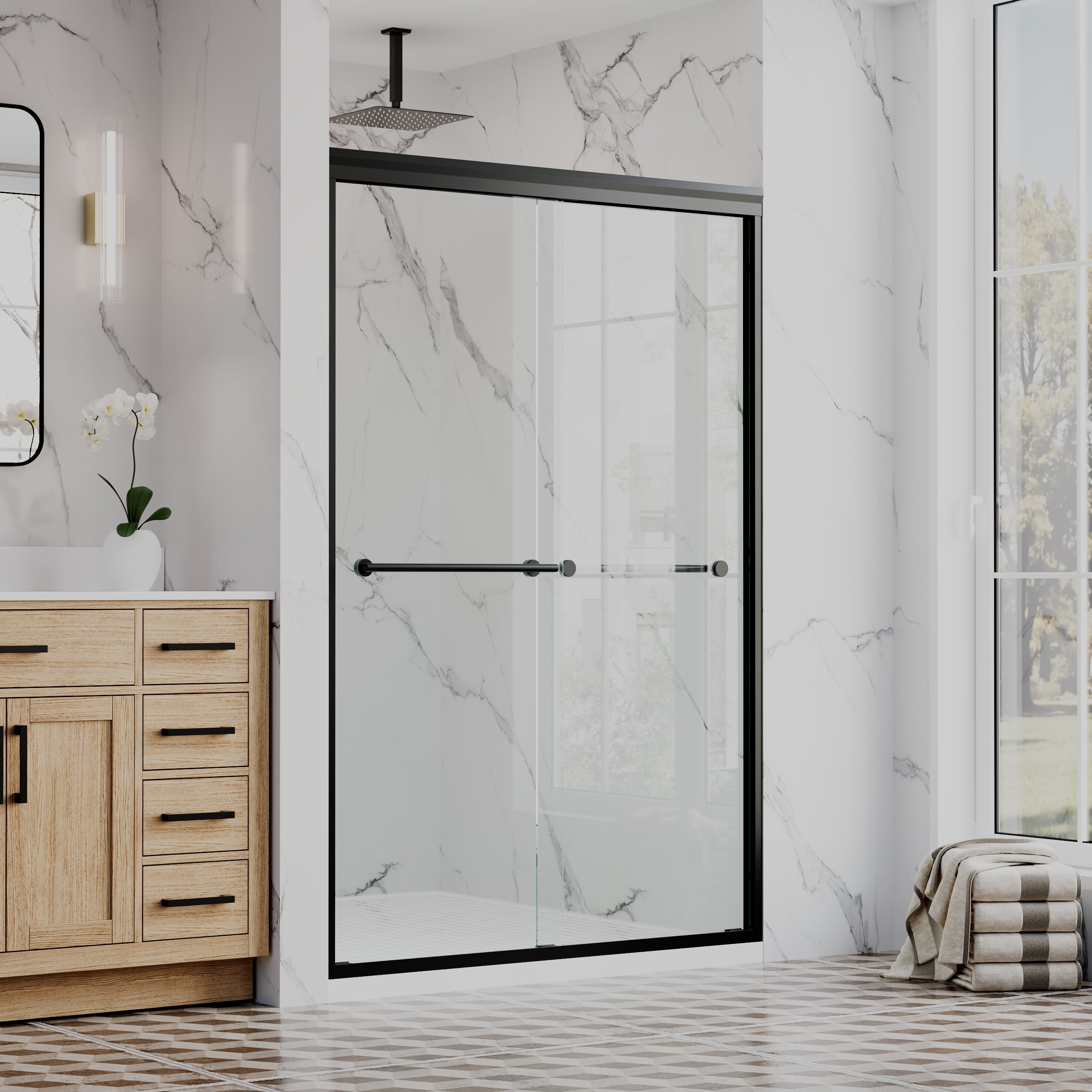 Forclover Double Sliding Matte Black 44-in to 48-in W x 72-in H Framed Clear Glass Bypass Sliding Shower door