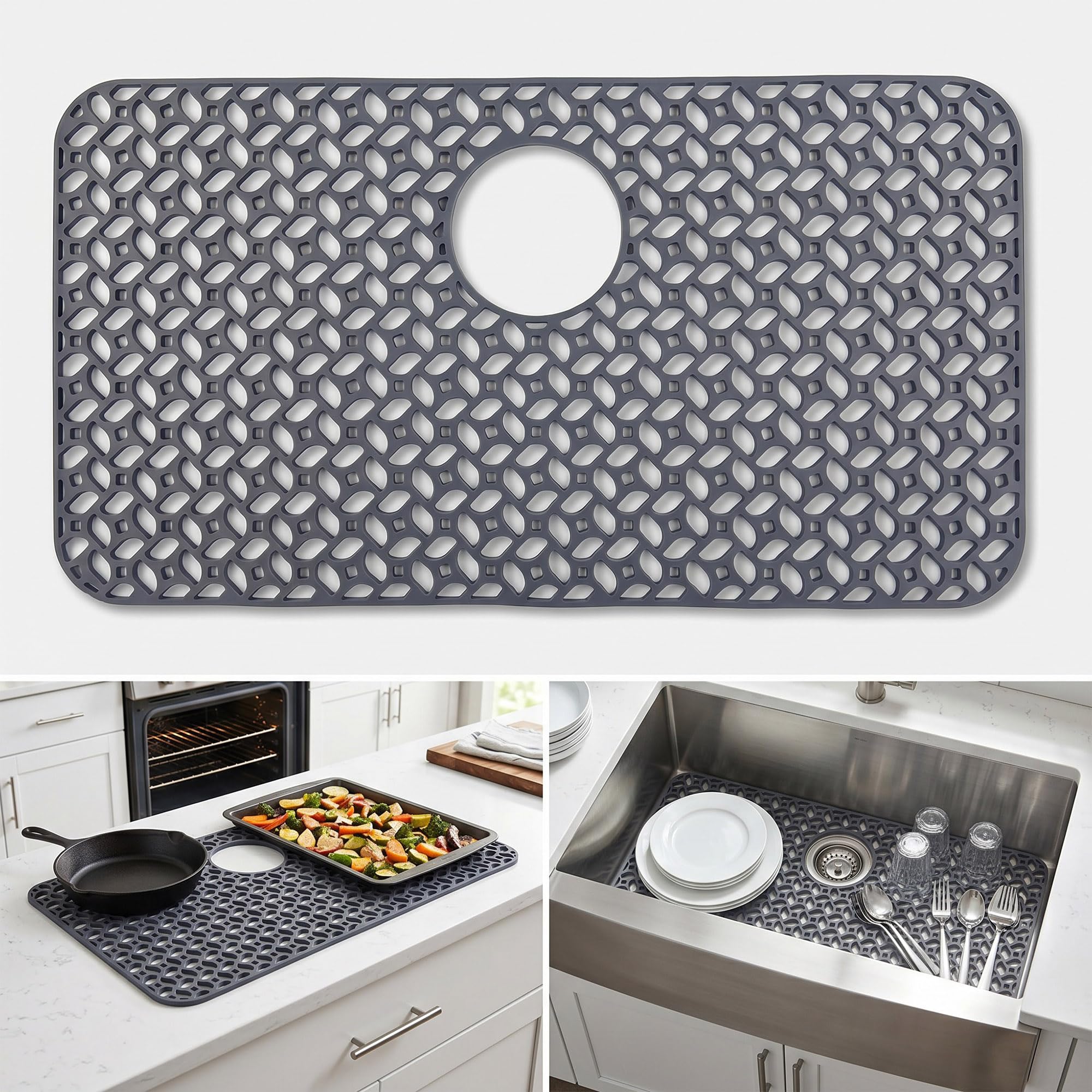 Vrbgify  Silicone Sink Mat with Rear Drain Hole Heat Resistant Non Slip Raised Feet Kitchen Sink Protector Grey 26.2 by 14.2 Inches
