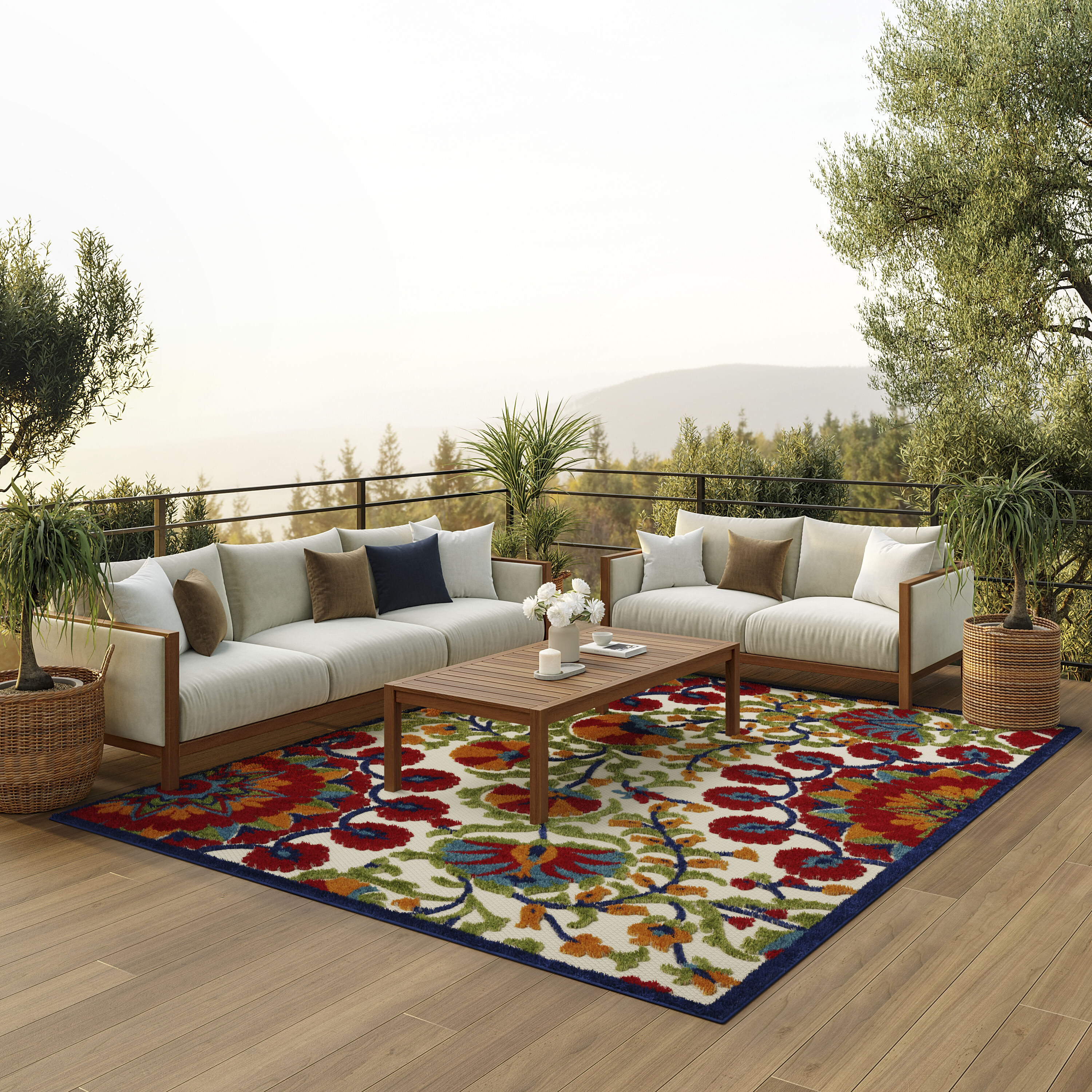 Nourison Home 099446836571 9 x 12 (ft) Loomed Polypropylene Red/Multi Rectangular Indoor/Outdoor Floral/Botanical Tropical Area rug