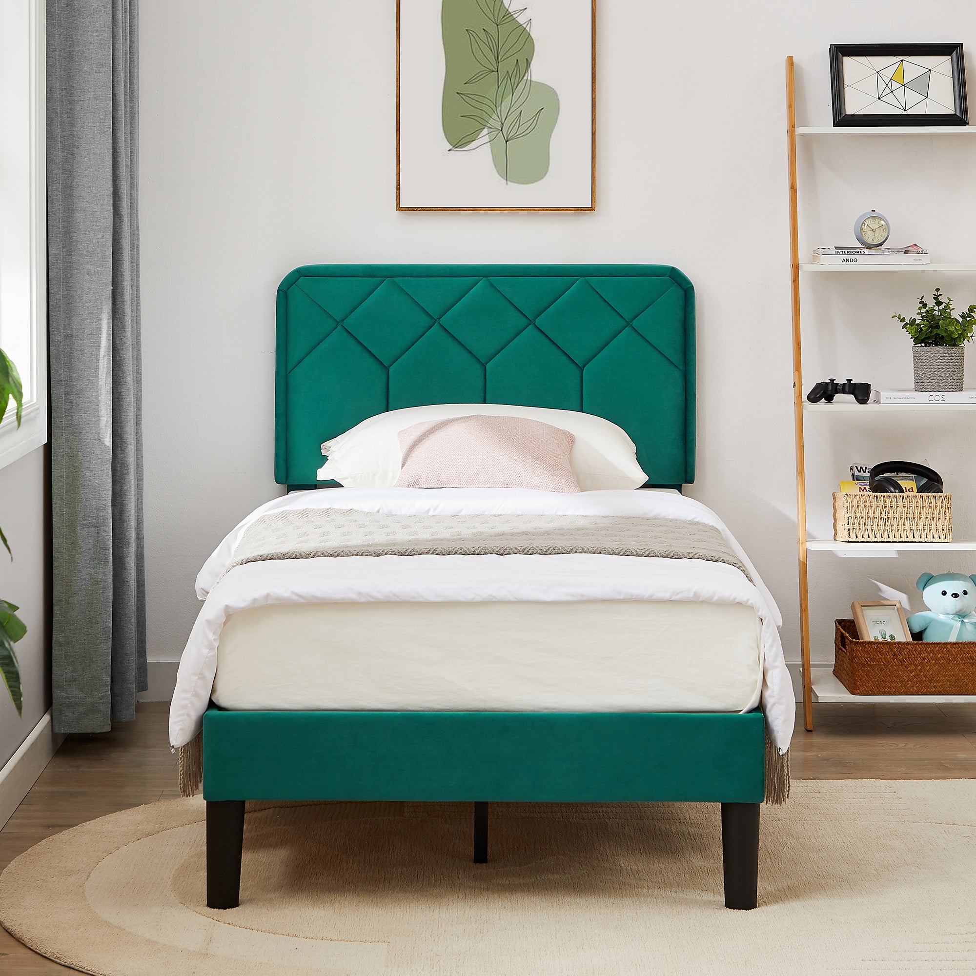 Vecelo LOE-CY-TB02-DGRN Twin Size Bed Frame Velvet Upholstered Platform with Adjustable Headboard Easy Assembly Dark Green