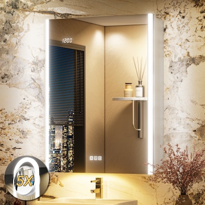 QueenFun AuraPro LED Medicine Cabinets Mirrors 24-in x 32-in Lighted LED Fog Free Surface/Recessed Mount Silver Rectangle Soft Close Medicine Cabinet with Outlet