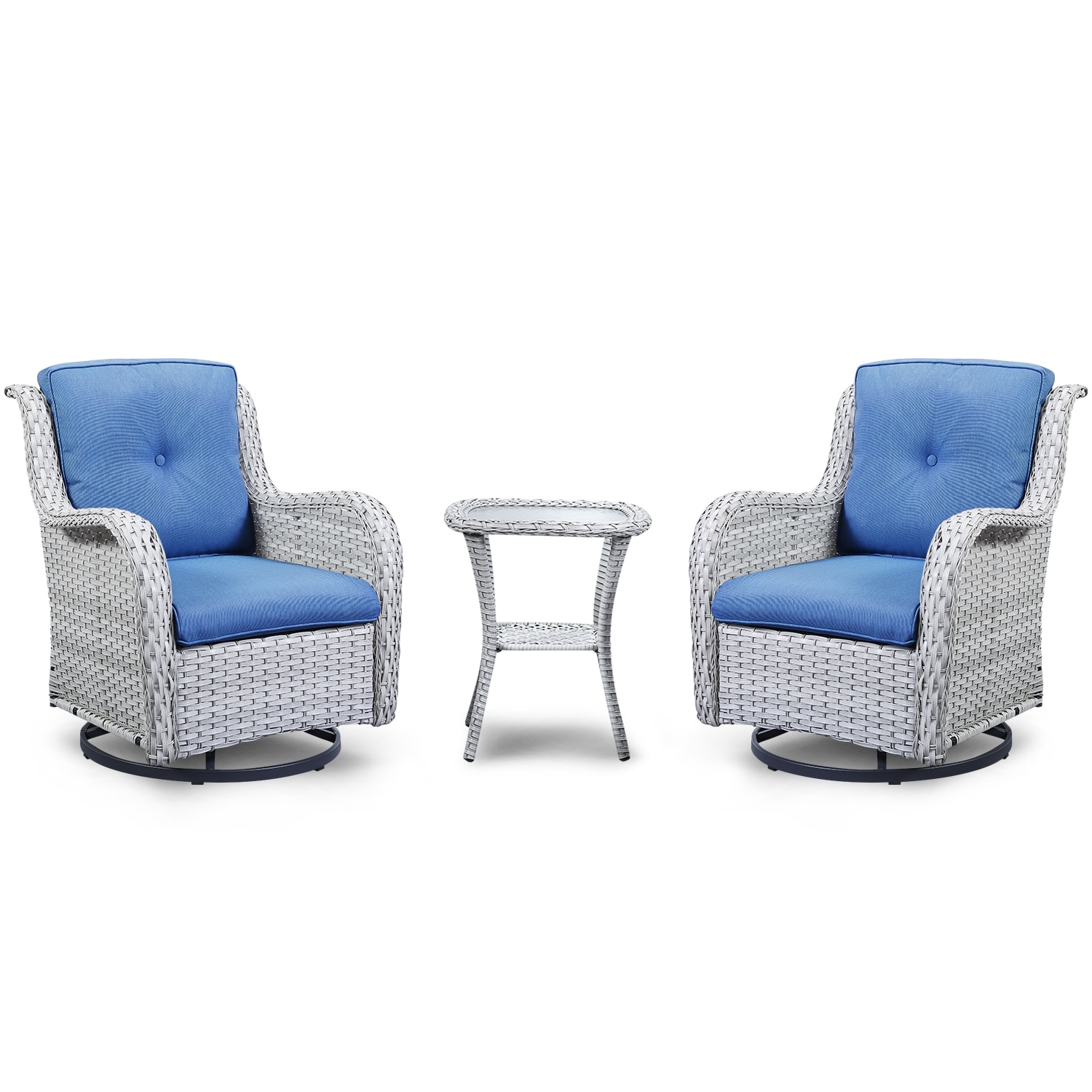 Rilyson FS089-2 Curved handrail 3 -Piece Wicker Patio Conversation Set with Blue Cushions