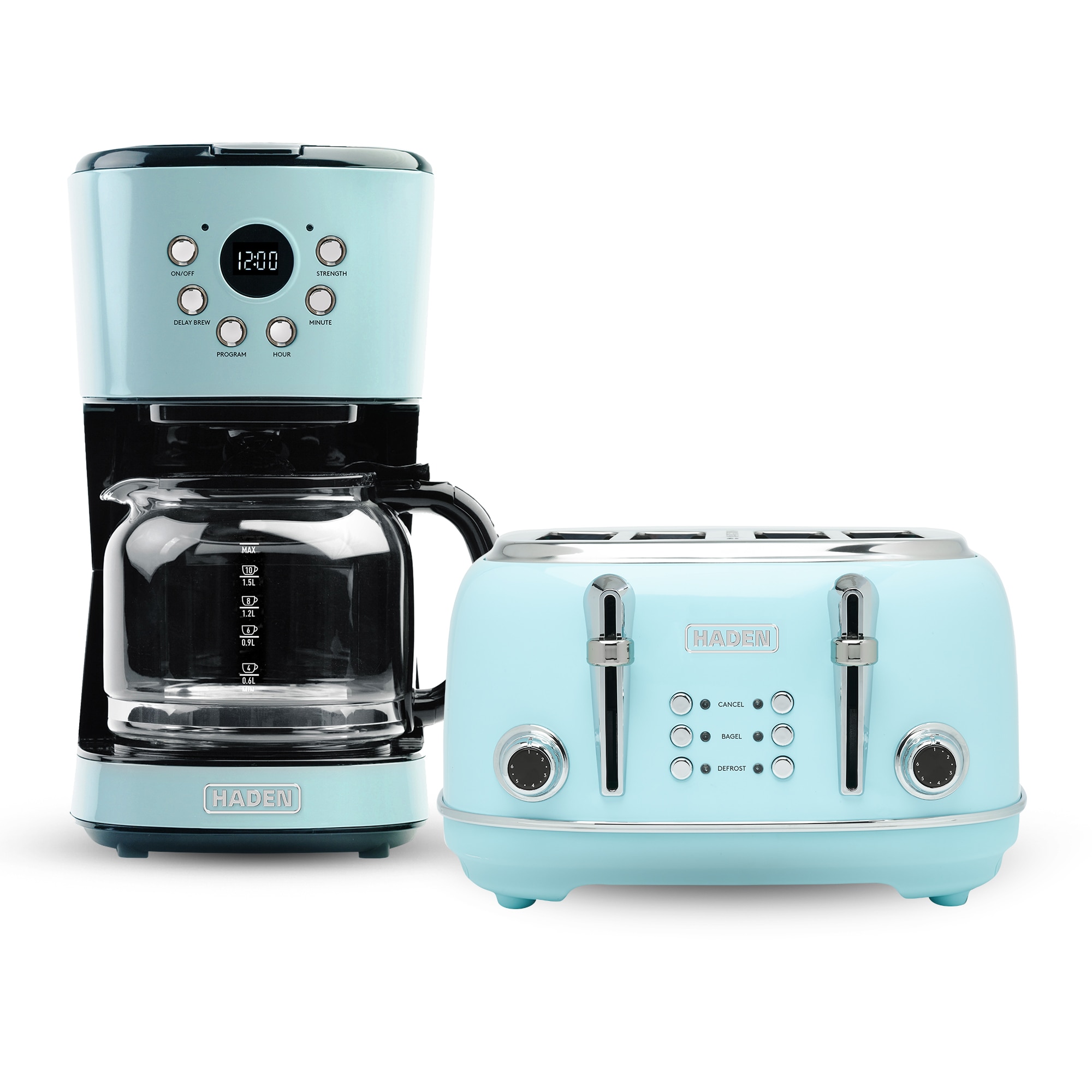 Haden - Coffee Maker and Heritage 4 Slice Wide Slot Toaster Turquoise and Chrome