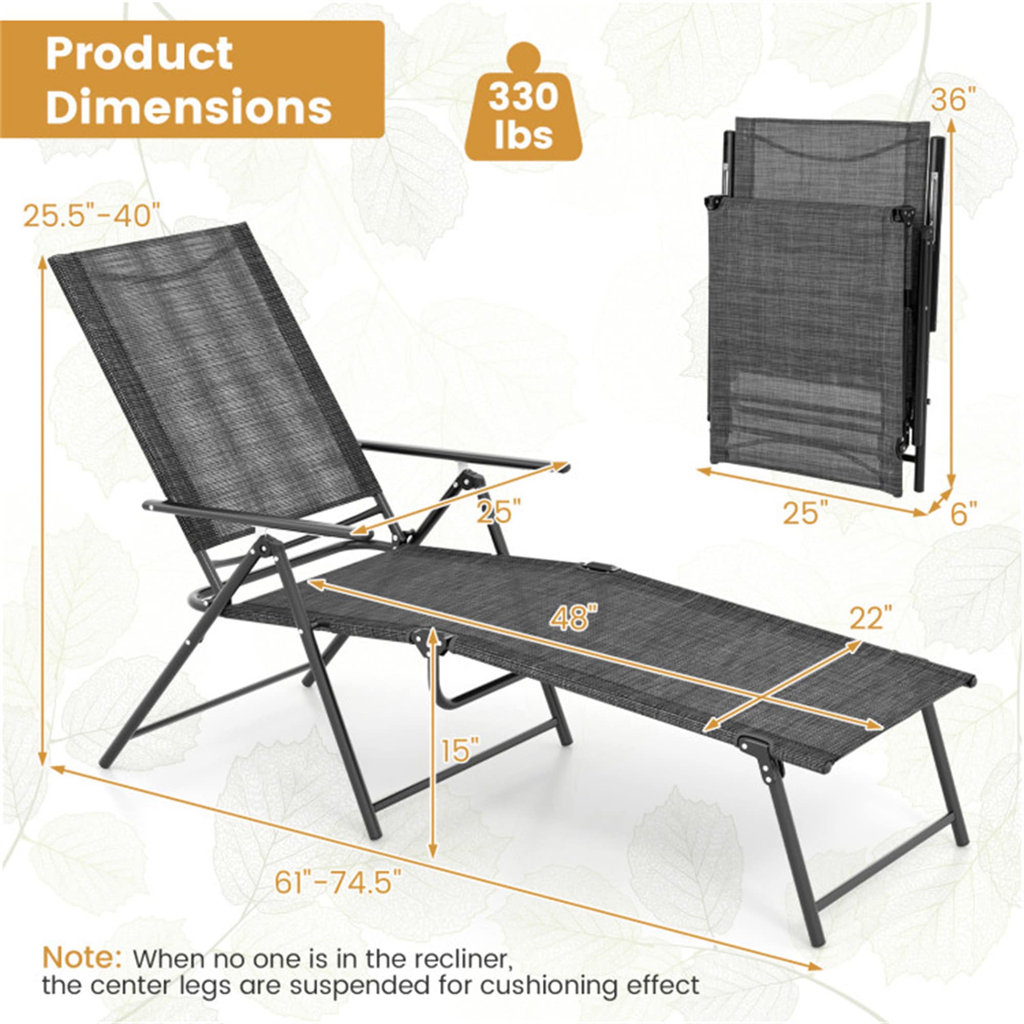 Gray Metal and Fabric Folding Outdoor Chaise Lounge Chairs with Adjustable Backrest