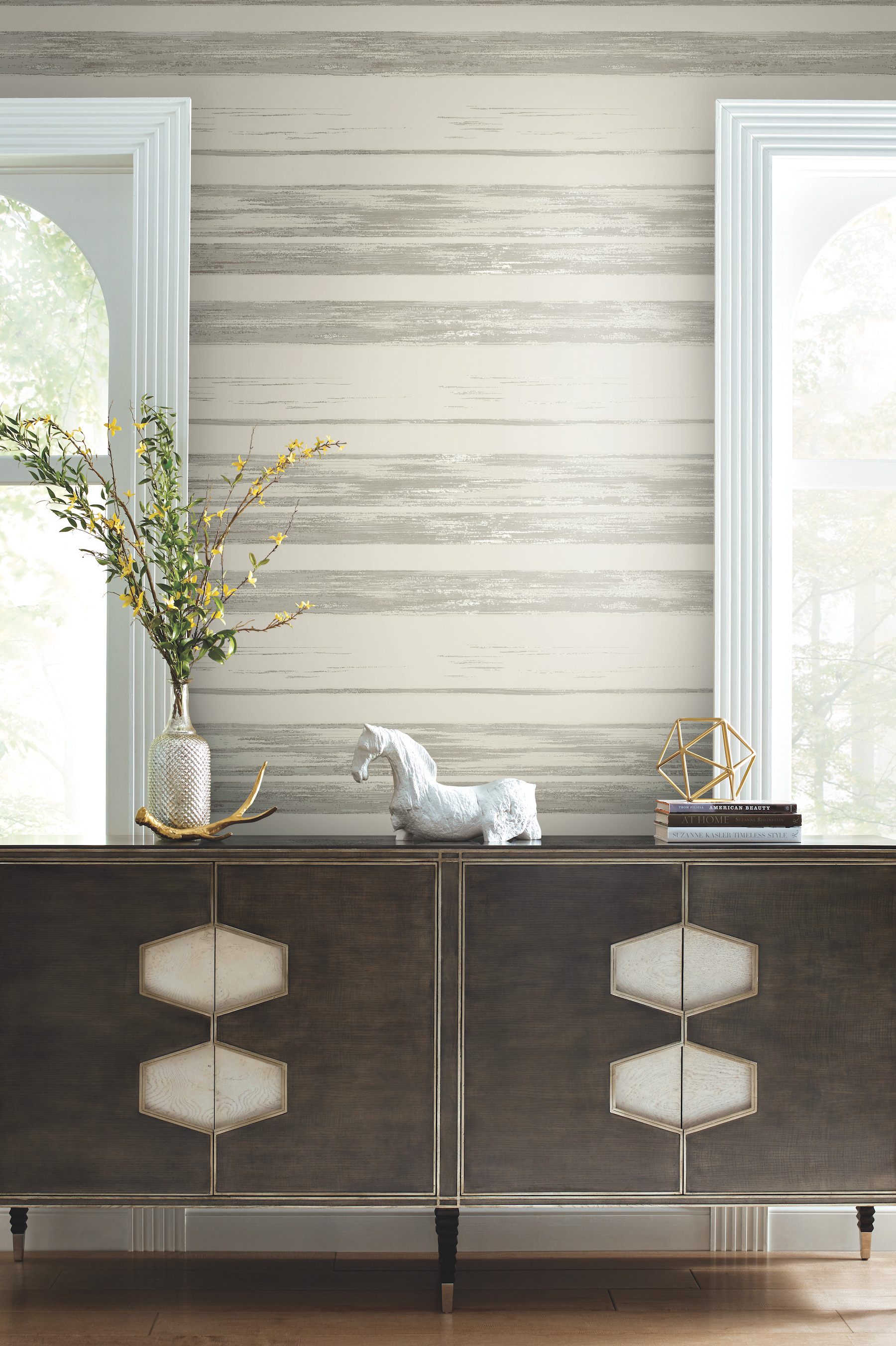 York Wallcoverings KT2155 Ronald Redding 24 Karat 60.8-Sq. Feet White Non-woven Stripes Unpasted Wallpaper