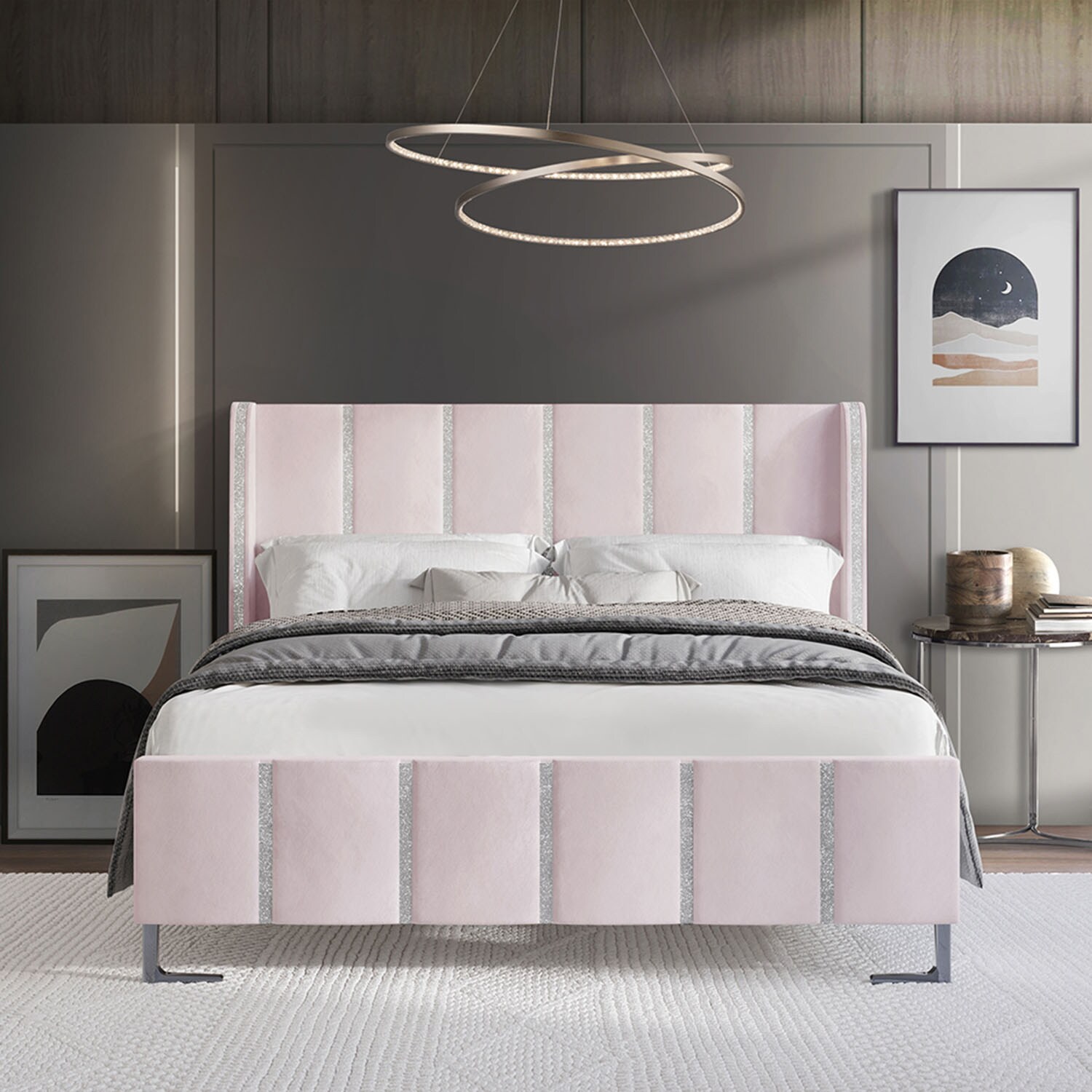 CasePiece C8384QUB-LPK-VV Light Pink Queen Wood Upholstered Bed