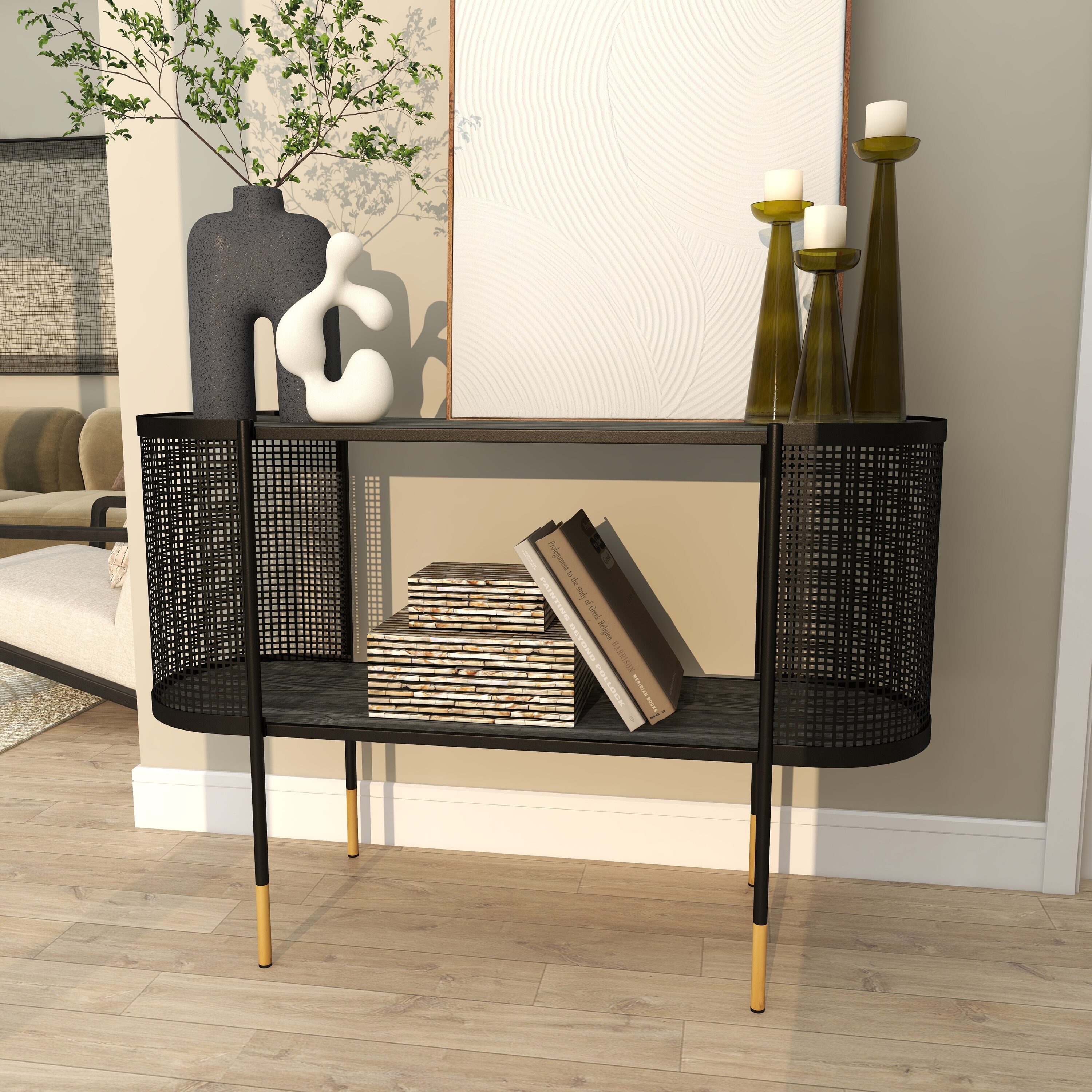Elegant Black Metal Console Table with Storage Shelf