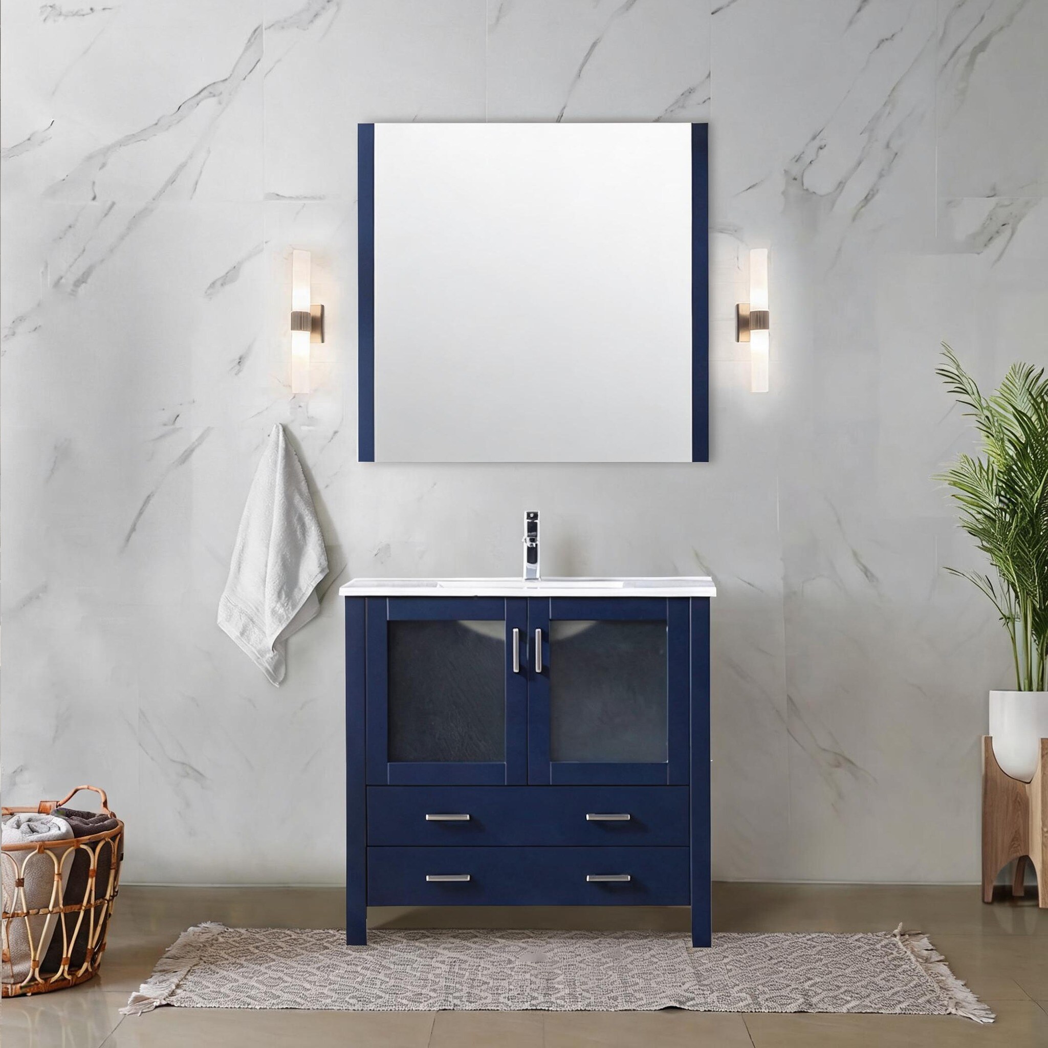 SunJet - Wood Bathroom Vanity in Blue-Toned Navy with Ceramic Top Faucet and Mirror 36-Inch