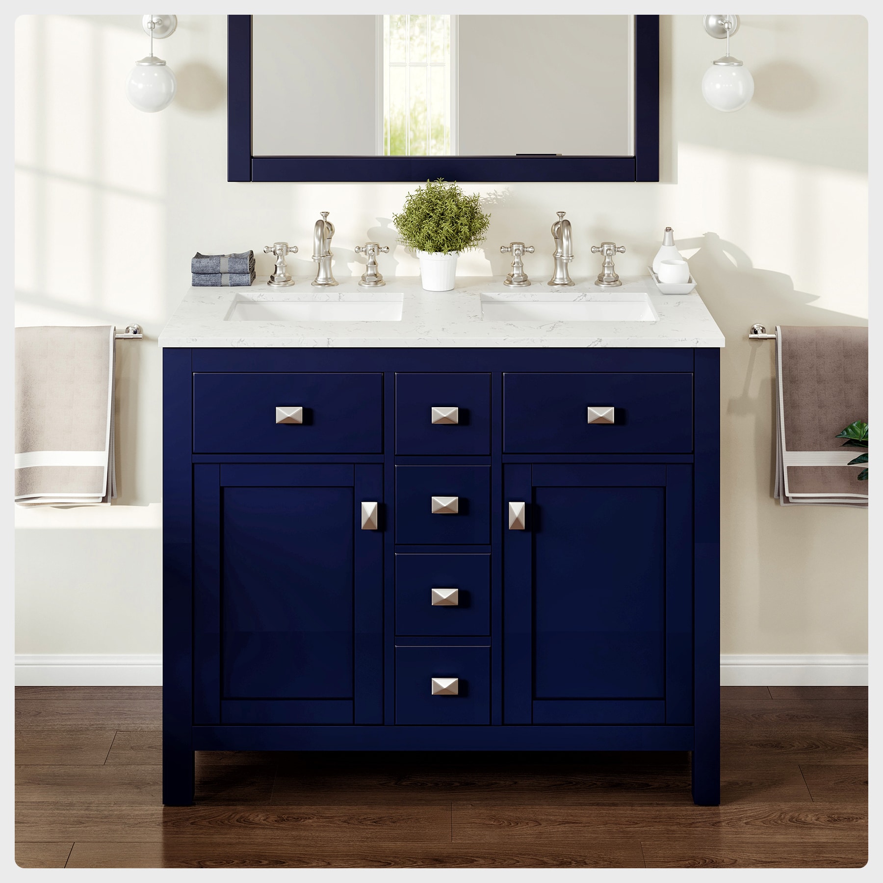 Eviva Navy 72 inch Deep Blue Bathroom Vanity with White Carrera Counter-top  and Double White Undermount Porcelain Sinks