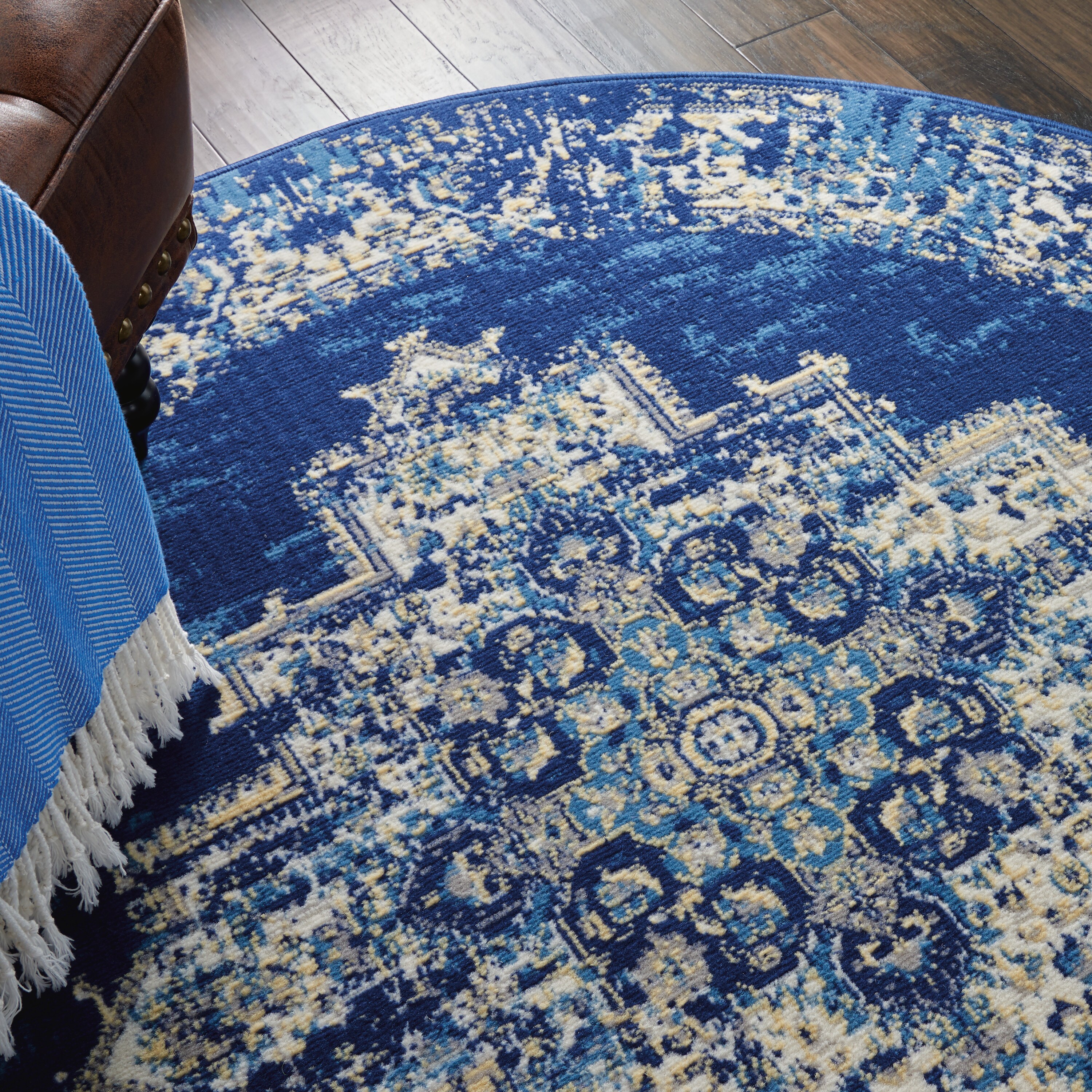 Navy Blue Round Medallion Synthetic Traditional Rug