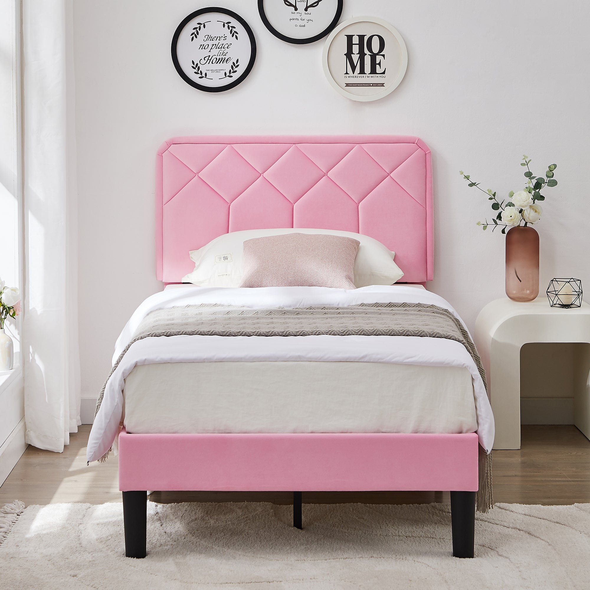 Vecelo LOE-CY-TB02-PNK Twin Size Bed Frame Velvet Upholstered Platform with Adjustable Headboard Easy Assembly Pink