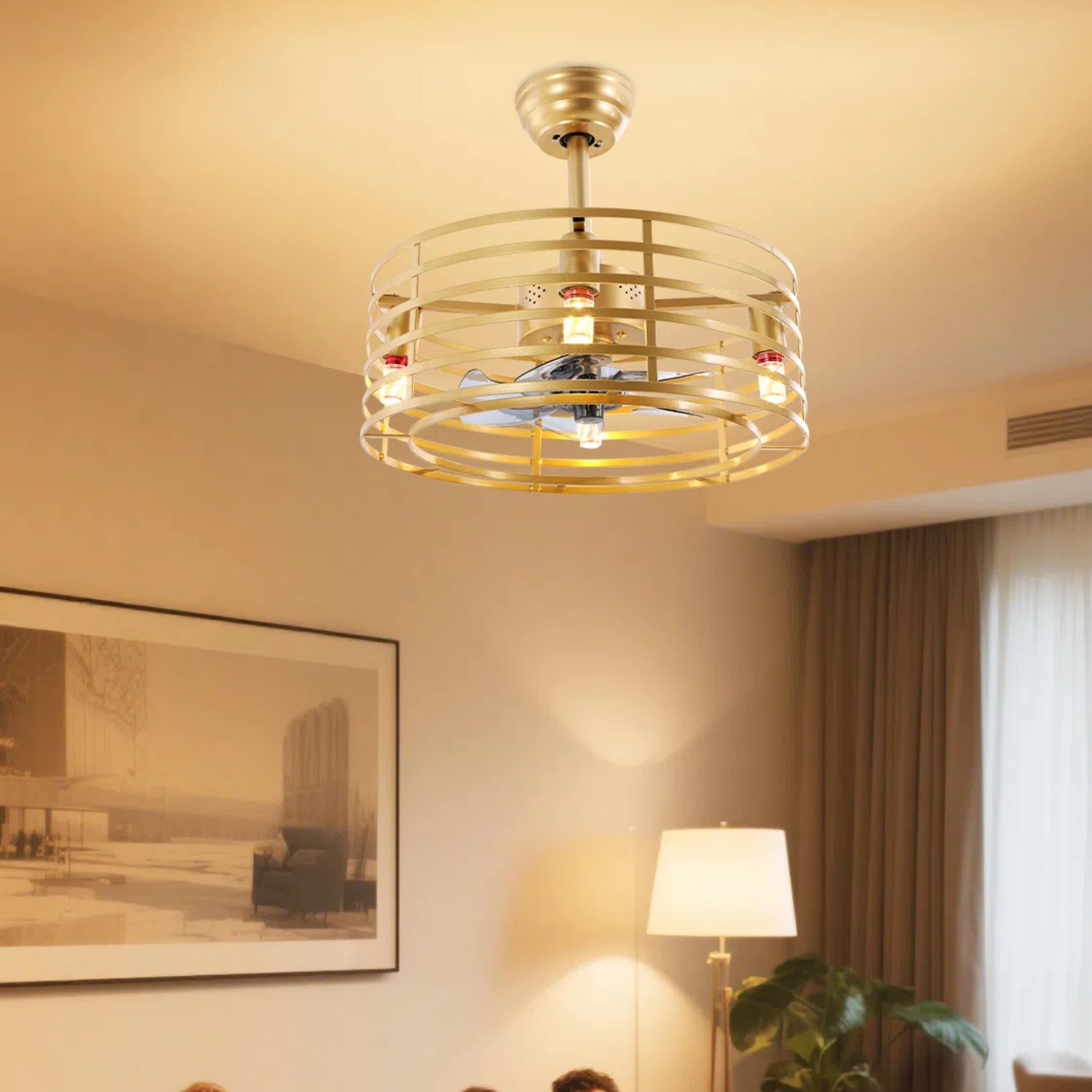 Oukaning HG-HCXLST-6787-US 20-in Gold Industrial Style Metal Timing with ABS Blades Fandelier Ceiling Fan Light Kit Compatible - Remote Included ( 5 -Blade )