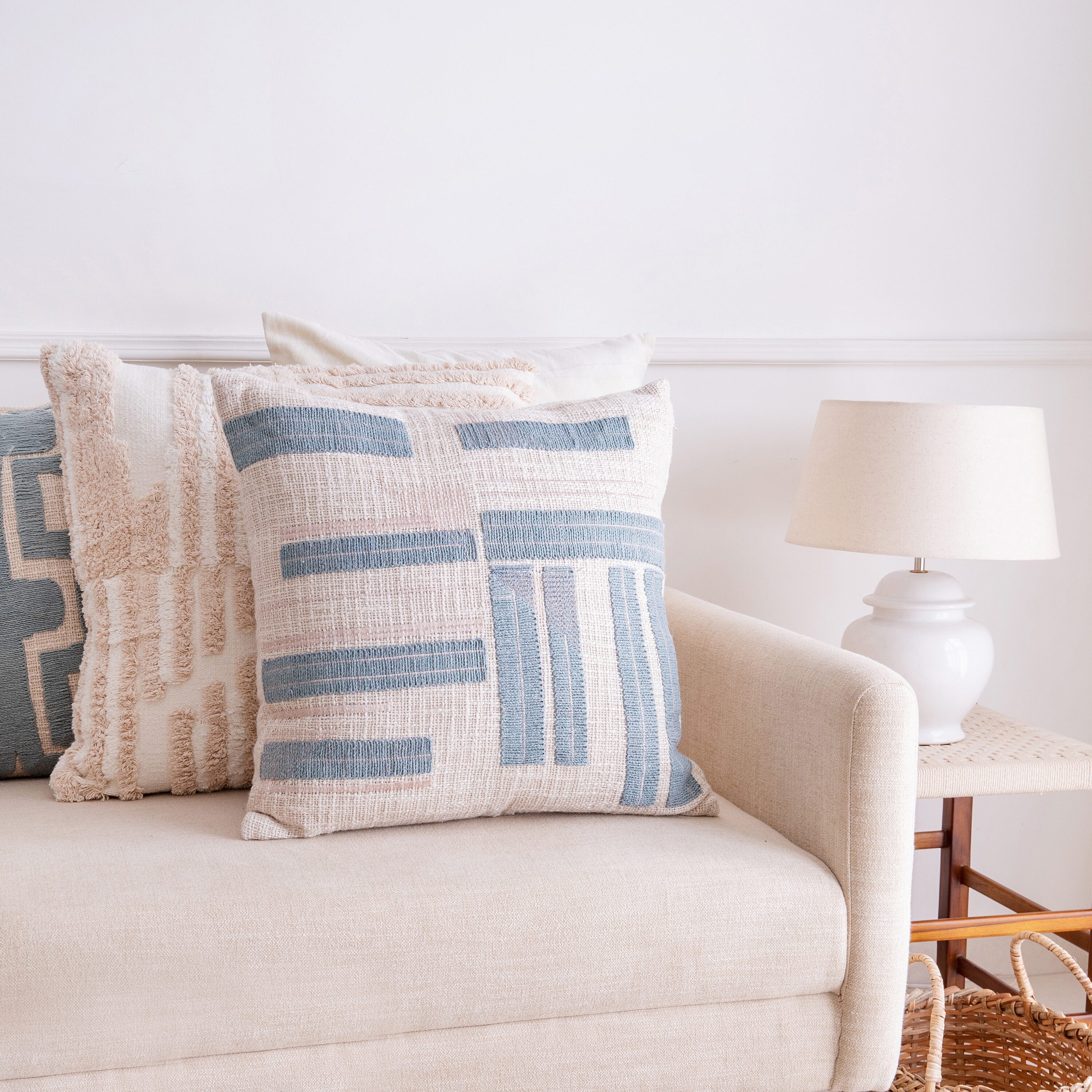 Ocean Blue and Ivory Cotton Embroidered Throw Pillow