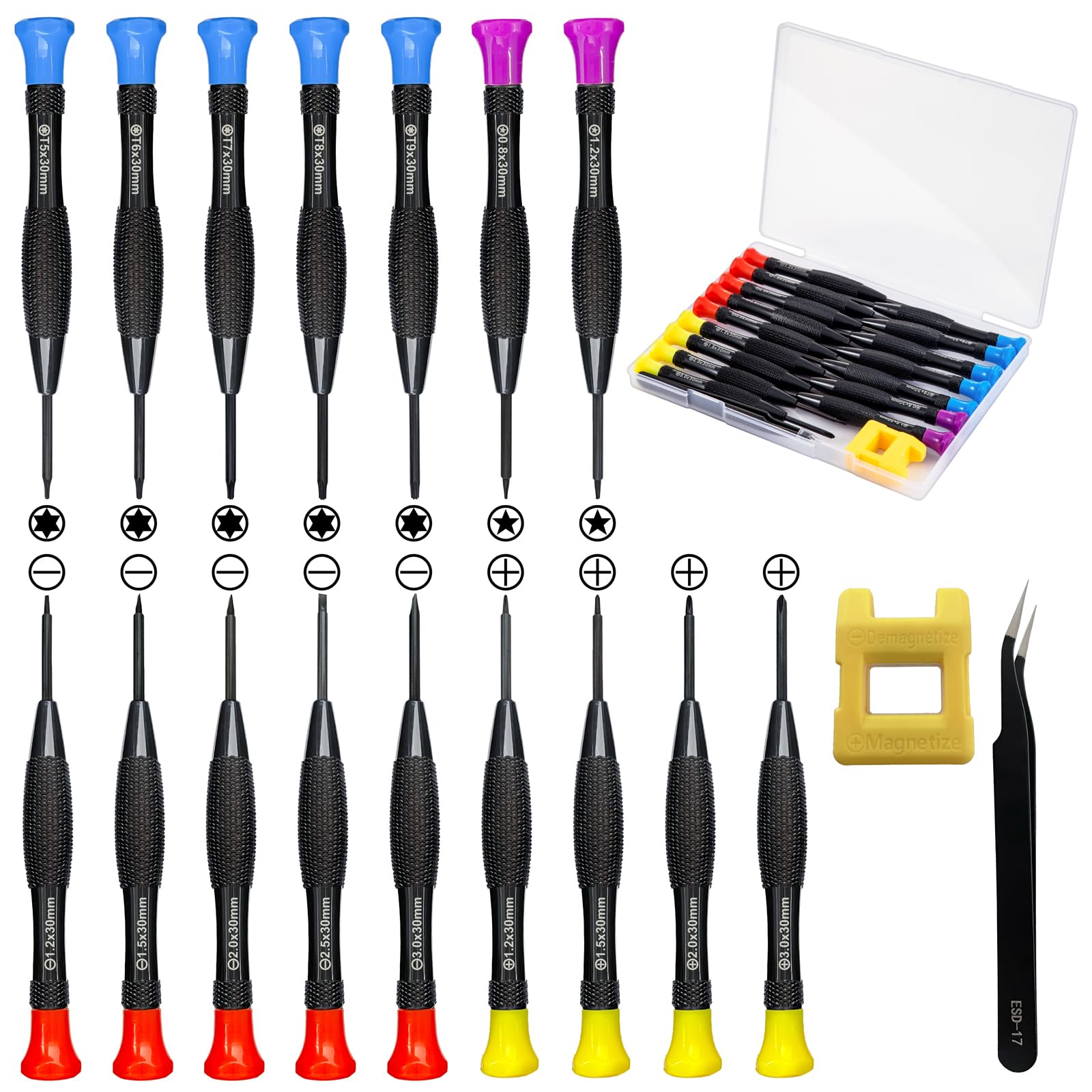 Phewnyzo  18pcs Precision Screwdriver Set Magnetic Flathead Phillips Pentalobe Torx Star Tweezers Magnetizer Case for Computer Eyeglass Phone