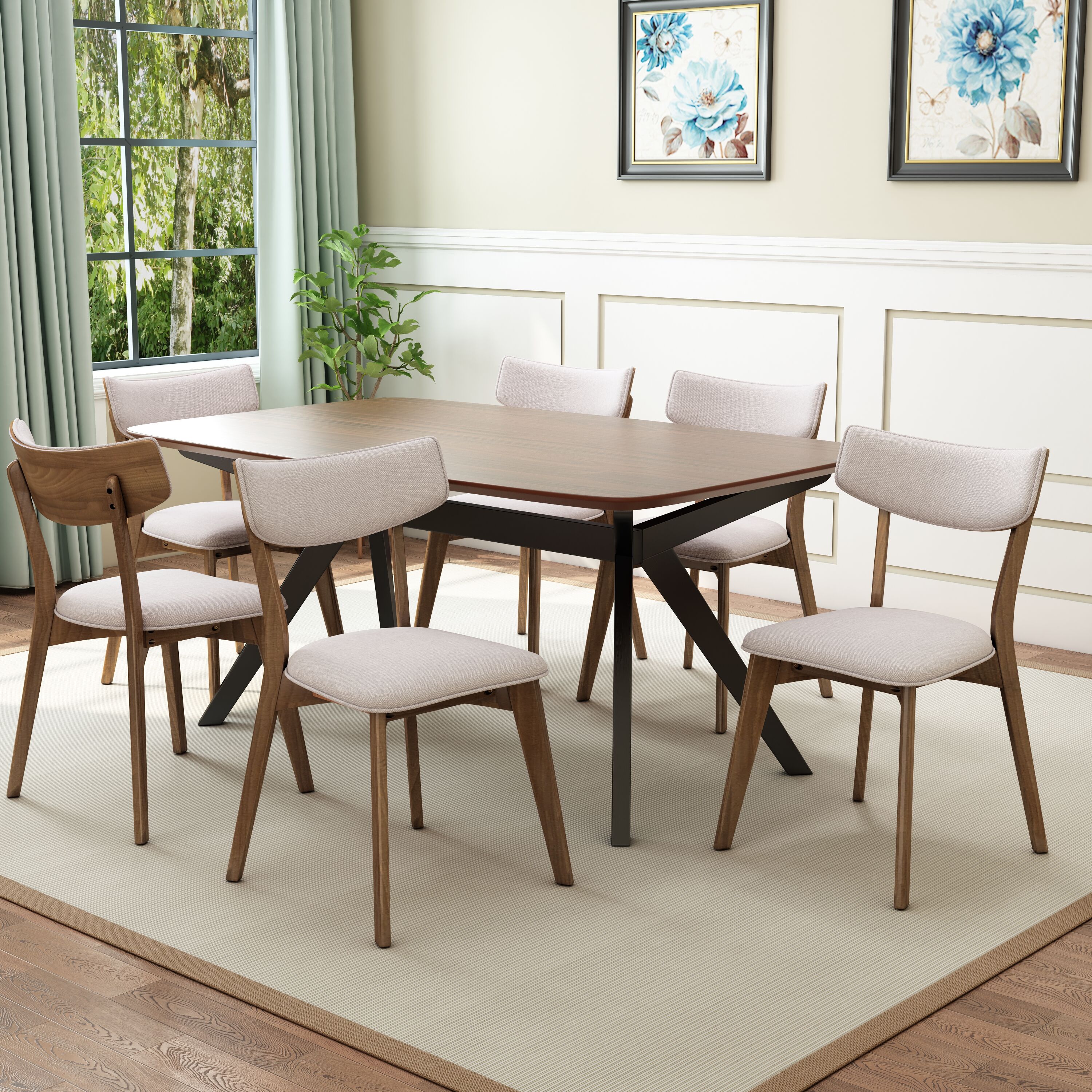 Christopher Knight Home 329614 Mid Century 7 Piece Dining Set with Rounded Rectangle A-frame Table and Upholstered Chairs Light Beige and Walnut Finish