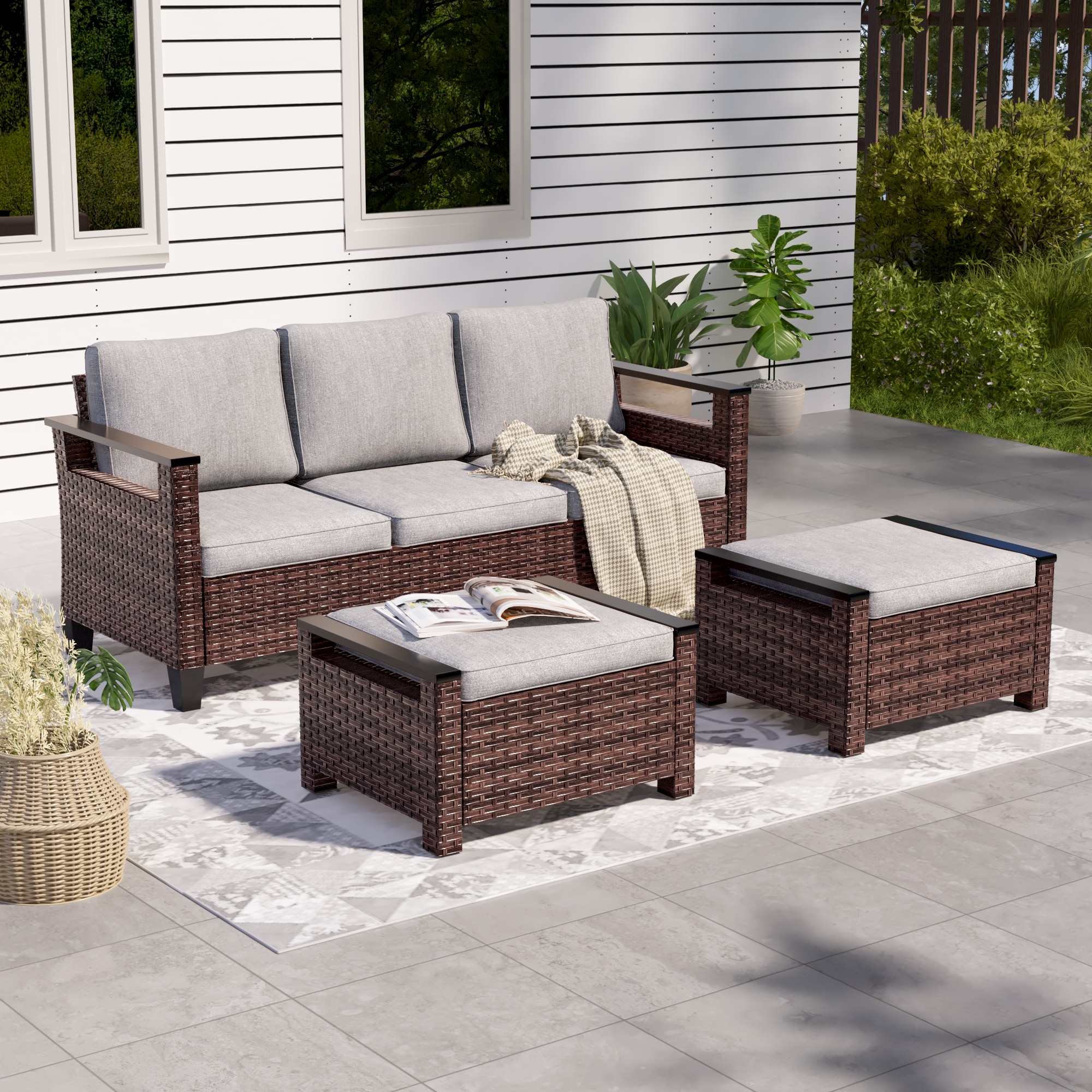Sonkuki SD-PS-126S1BLY Patio Conversation Set 3 -Piece Wicker Patio Sofa Conversation Set with Gray Cushions