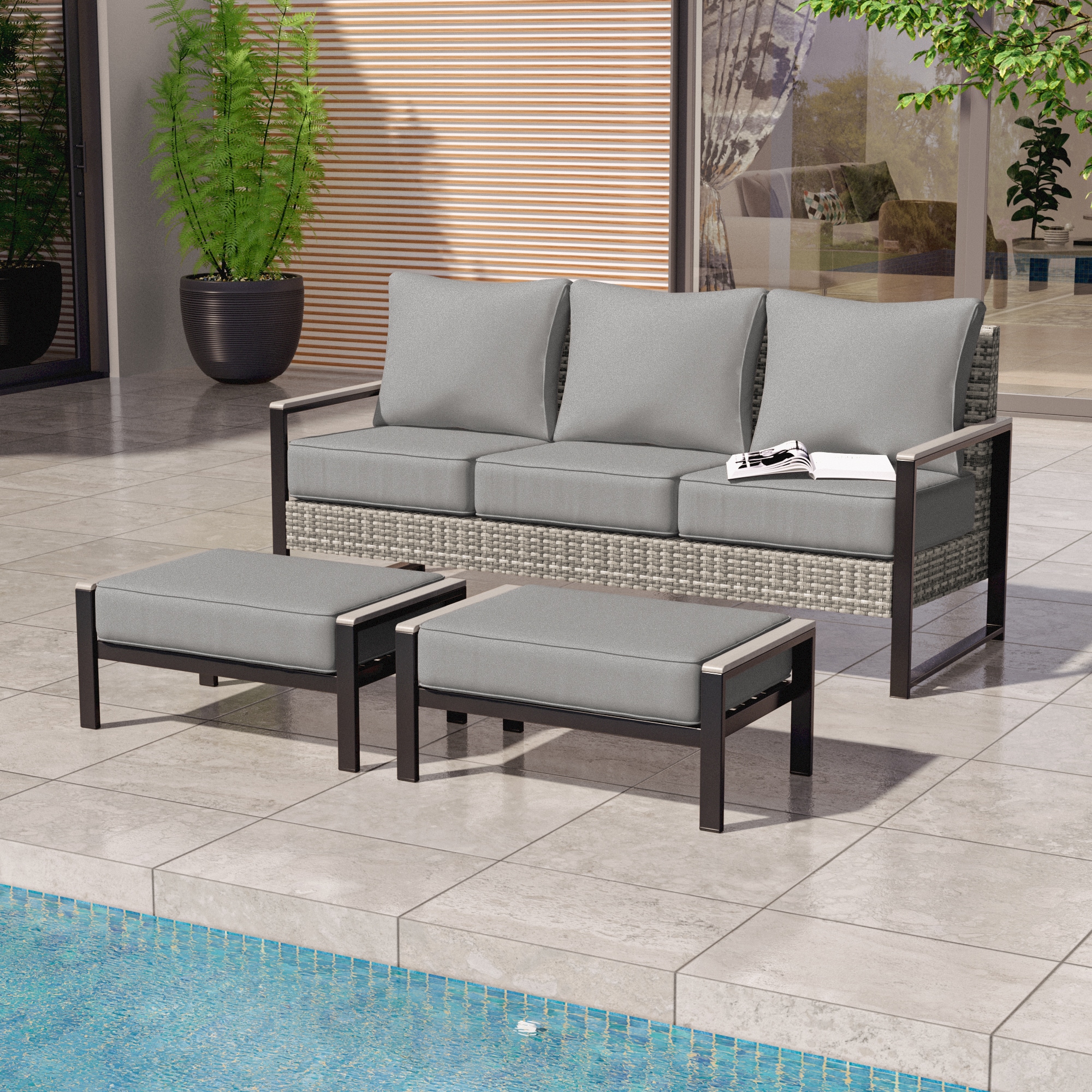 ACEGOSES LW-PS-148S1HGY Skytop 3 -Piece Wicker Patio Sofa Conversation Set with Gray Cushions