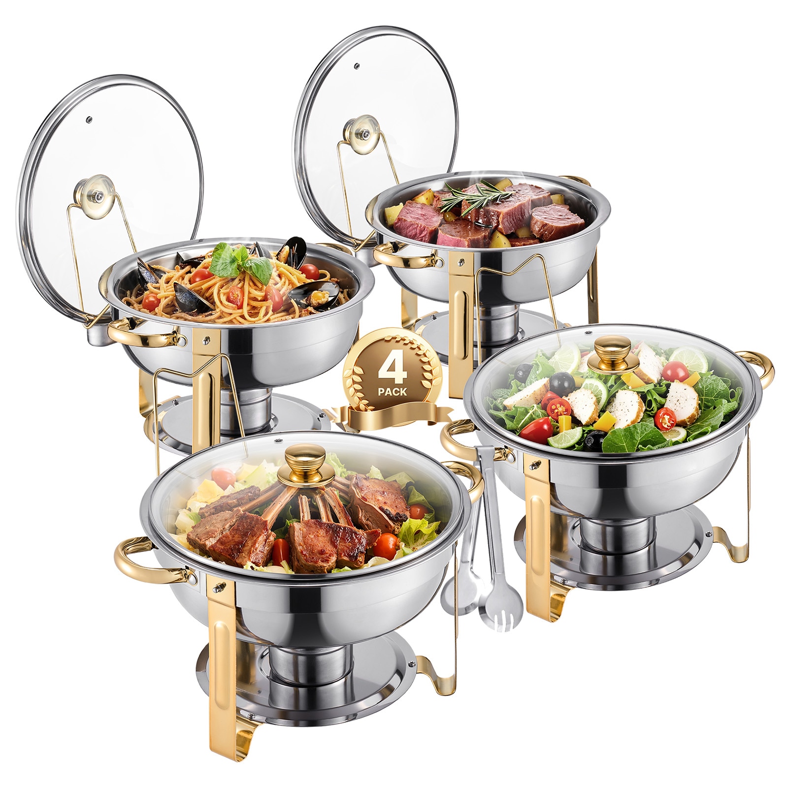 VEVOR Chafing Dish Buffet Set 5 Qt 4 Pack Stainless Steel Chafer with 4 Full Size Pan Round Catering Warmer Server with Glass Lid Water Pan Folding Stand Fuel Holder for Wedding Party Banquet Gold
