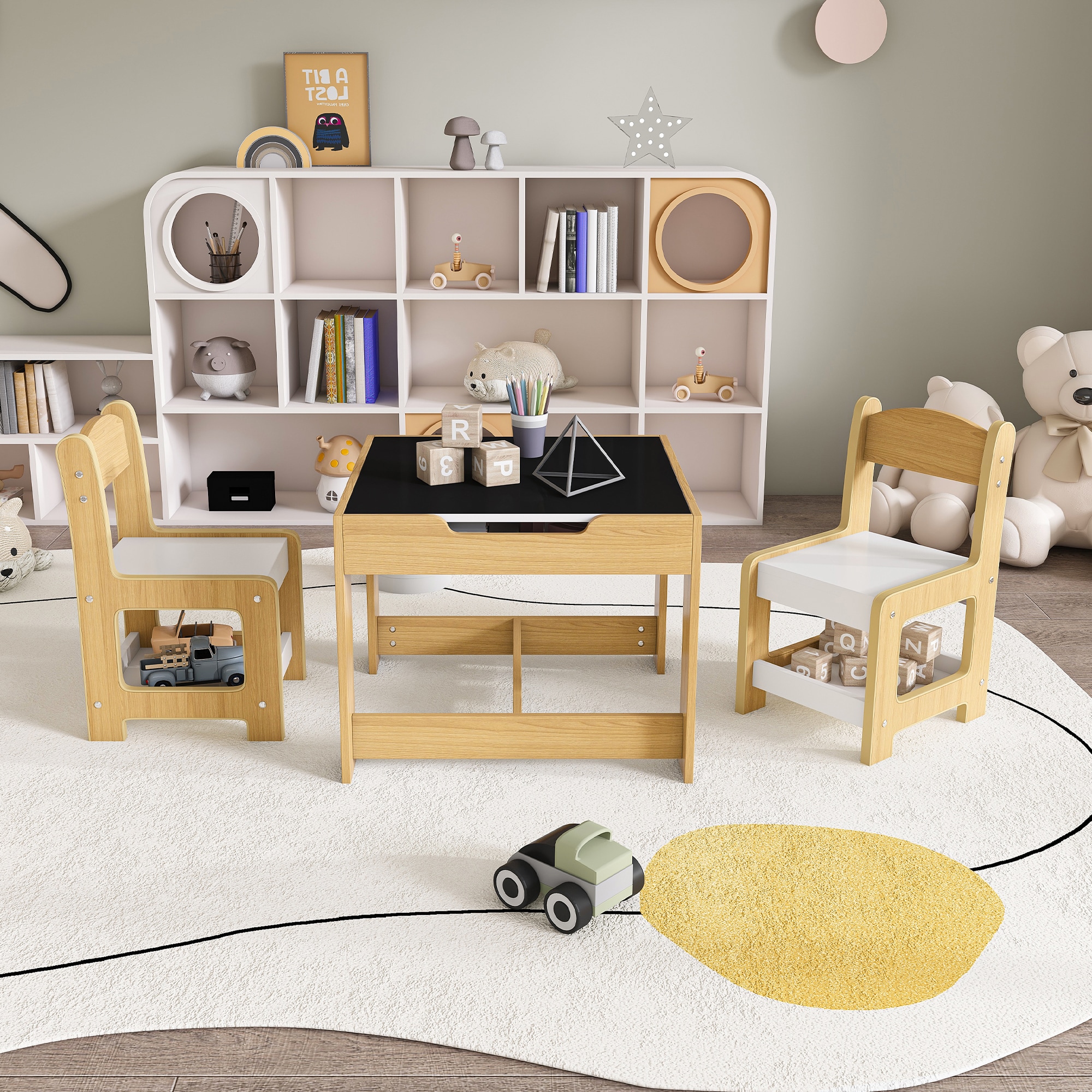 LOVMOR SF-Y-W2700P311797 3 in 1 Kids Study Table and Chairs Set Multi Functional Activity Table with Detachable Blackboard Top for Drawing Reading Play Durable Engineered Wood Nursery Furniture for Toddlers