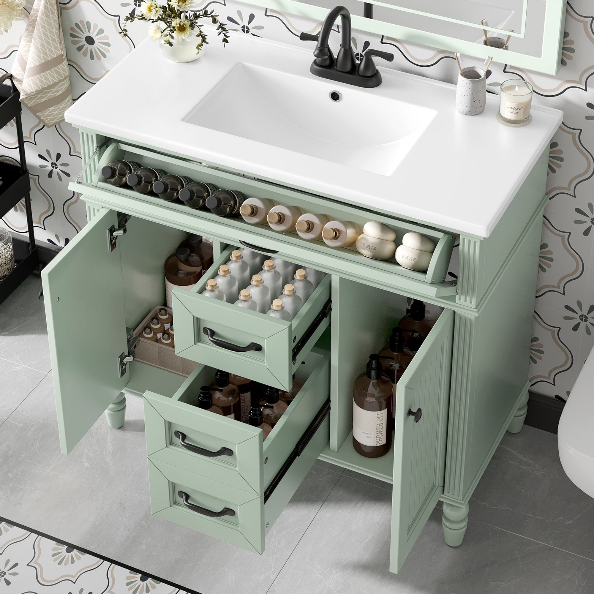 LOVMOR -  Freestanding Green 36-in Single Sink Bathroom Vanity with White Ceramic Top Assembly Re...