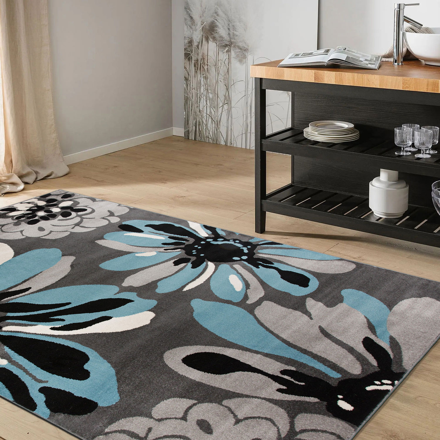 Blue Floral Synthetic 5' x 7' Reversible Area Rug