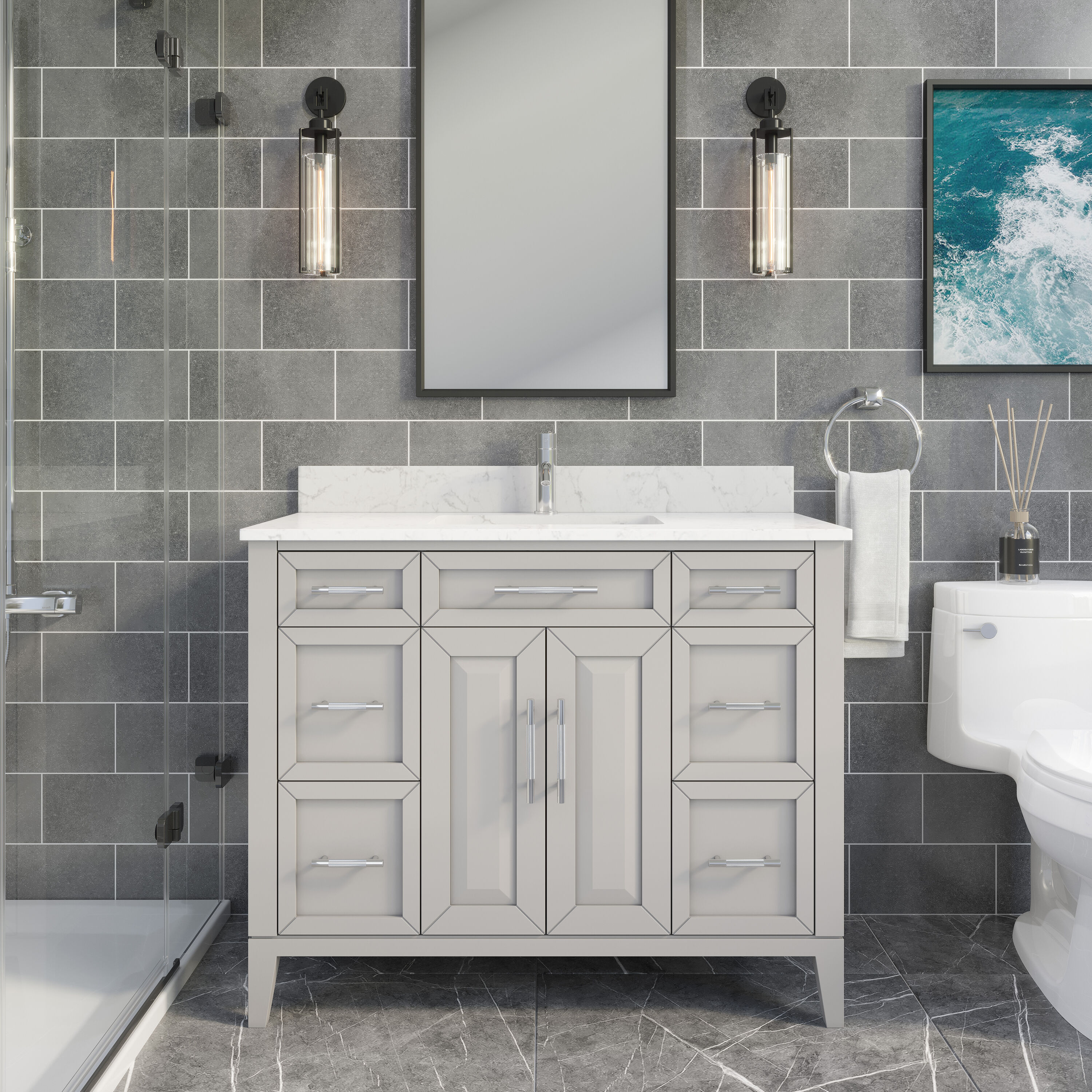 Spa Bathe 21065 Jackson 42-in Warm Grey Undermount Single Sink Bathroom Vanity with White with Gray Specks Engineered Stone Top