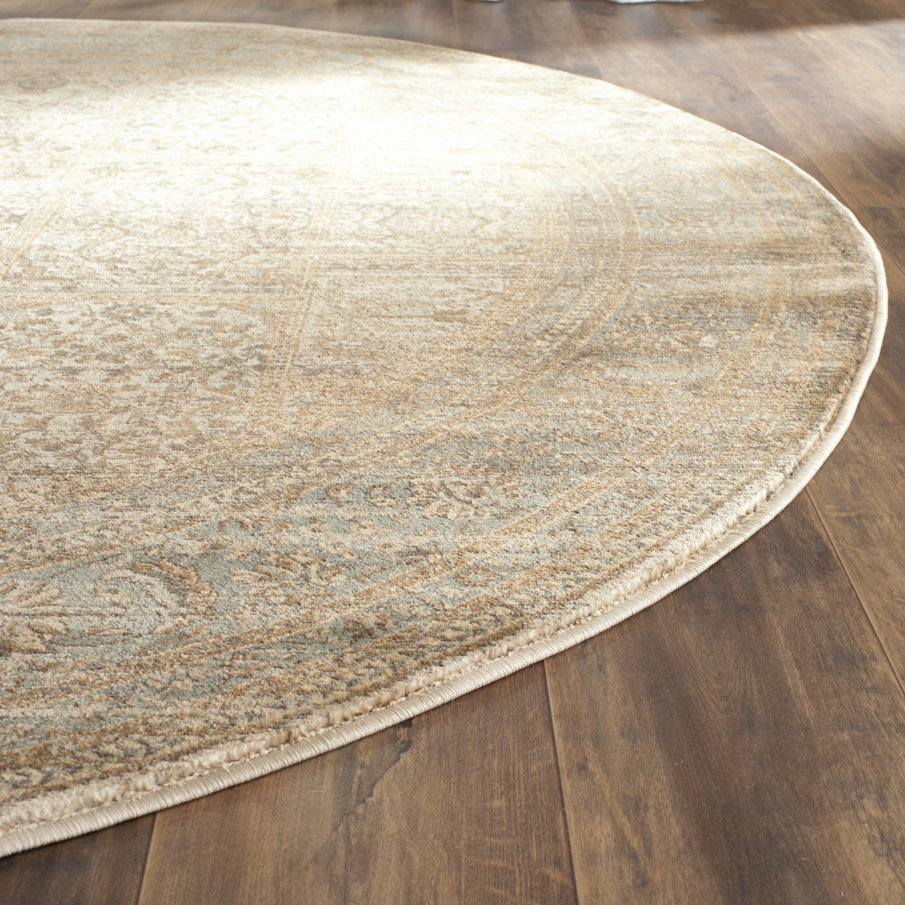 Ivory and Light Blue Round Viscose Area Rug, 80"