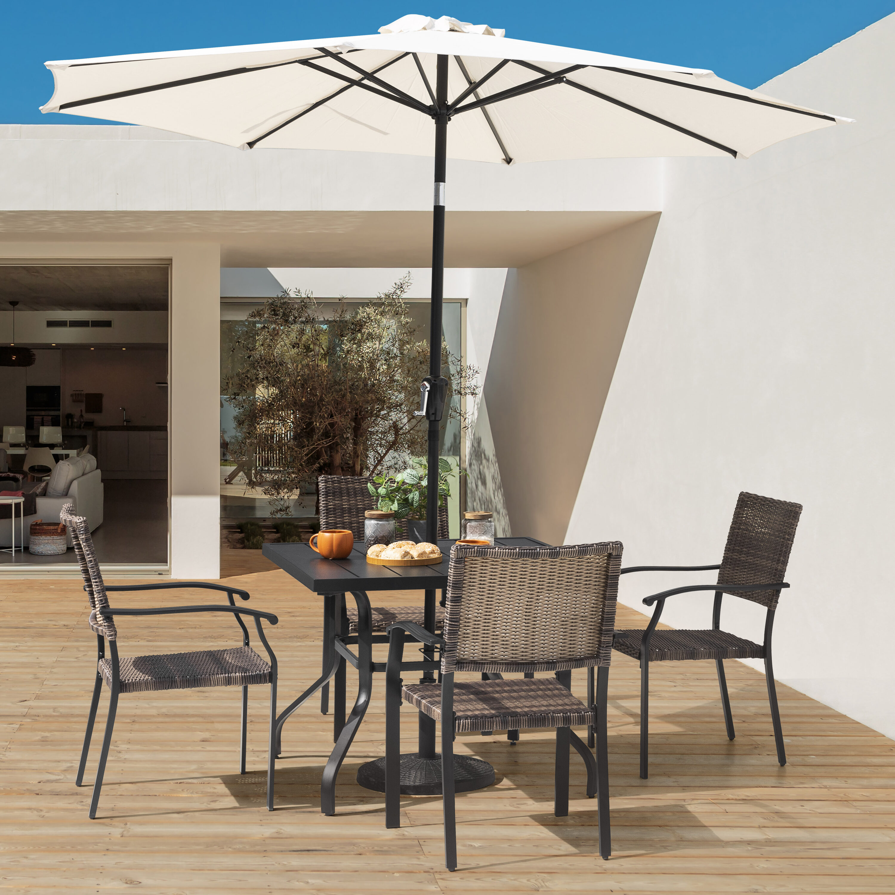 Black Iron Square Table with Mixed Wicker Chairs Outdoor Dining Set