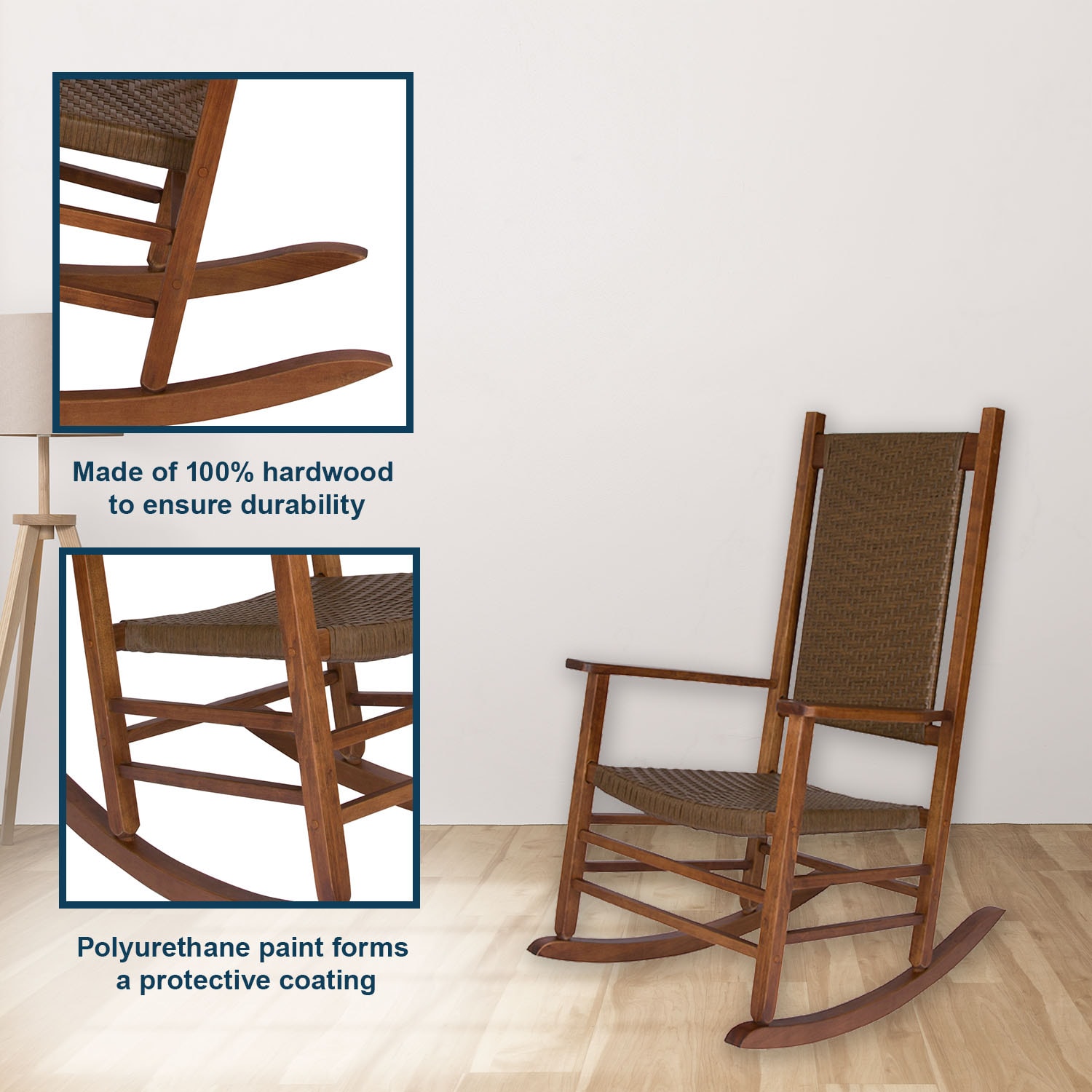Classic Oak Wood Rocking Chair with Woven Seat in Brown
